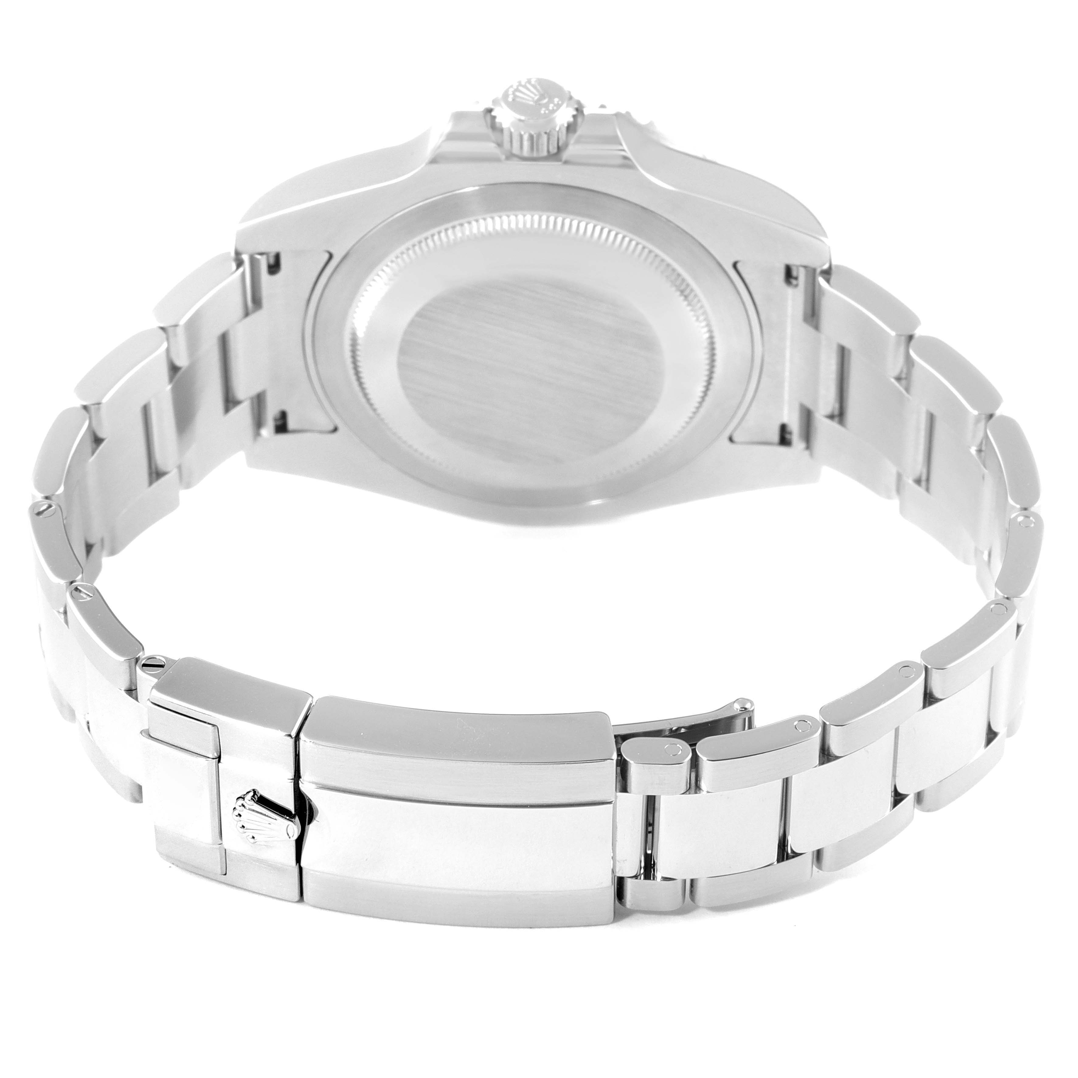 This is a rear view of a Rolex GMT-Master 116710 Men's Stainless Steel Black Dial 116710 Men's Stainless Steel Black Dial watch, showing the case back, crown, and metal bracelet with clasp.