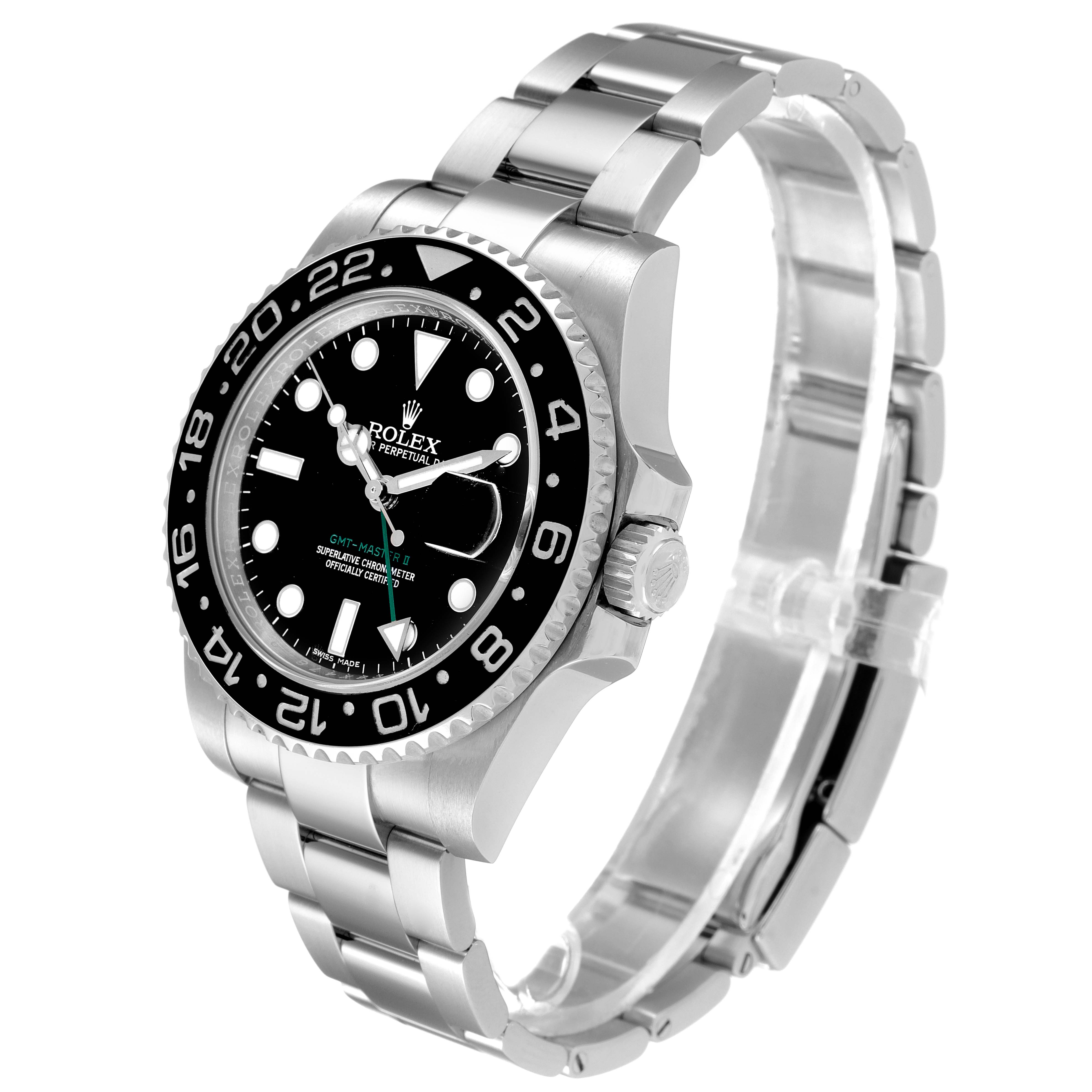The Rolex GMT-Master 116710 Men's Stainless Steel Black Dial 116710 Men's Stainless Steel Black Dial watch is shown from an angled side view, displaying the face, bezel, and bracelet.