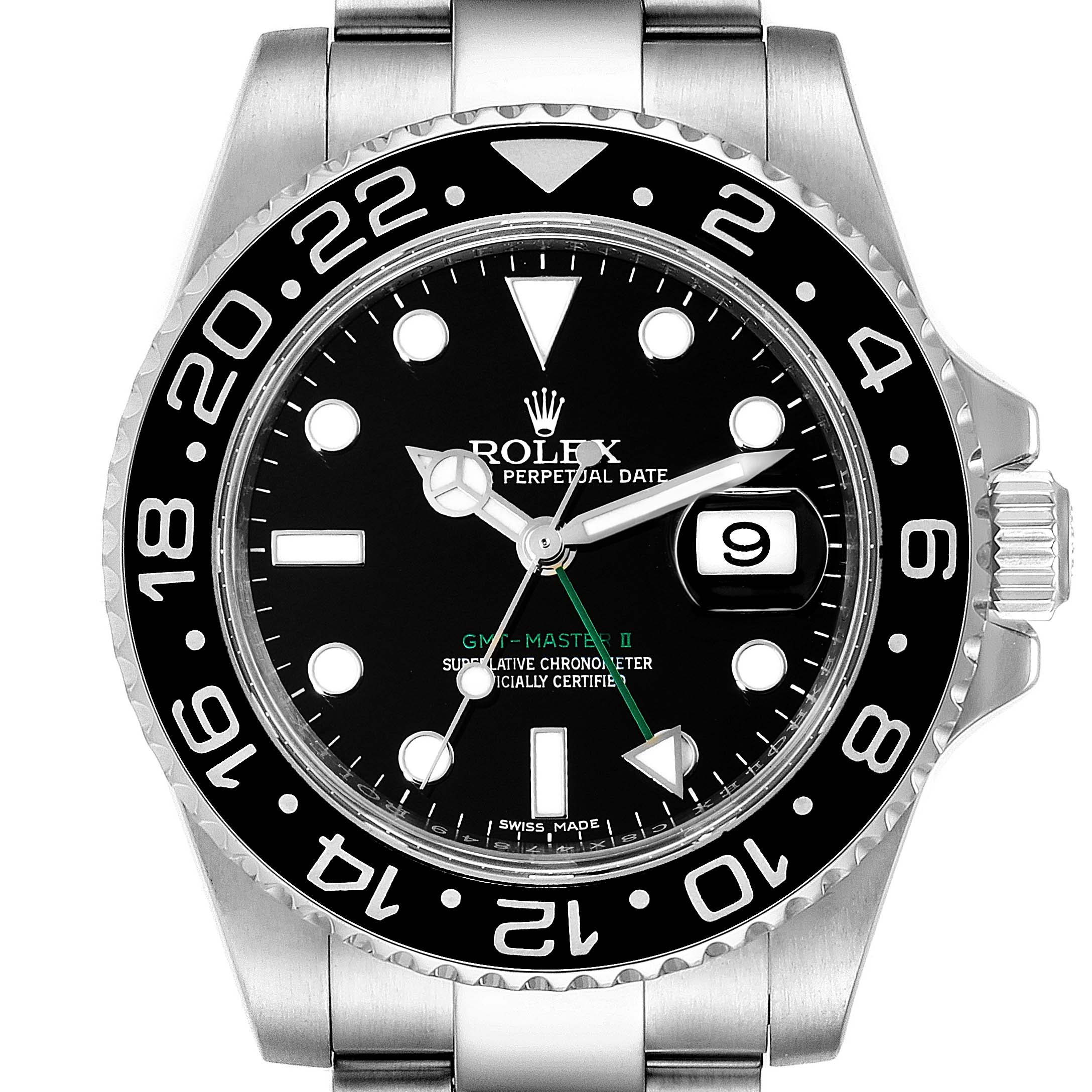 This image shows a frontal view of the Rolex GMT-Master 116710 Men's Stainless Steel Black Dial 116710 Men's Stainless Steel Black Dial II watch, highlighting its bezel, dial, hands, and date window.