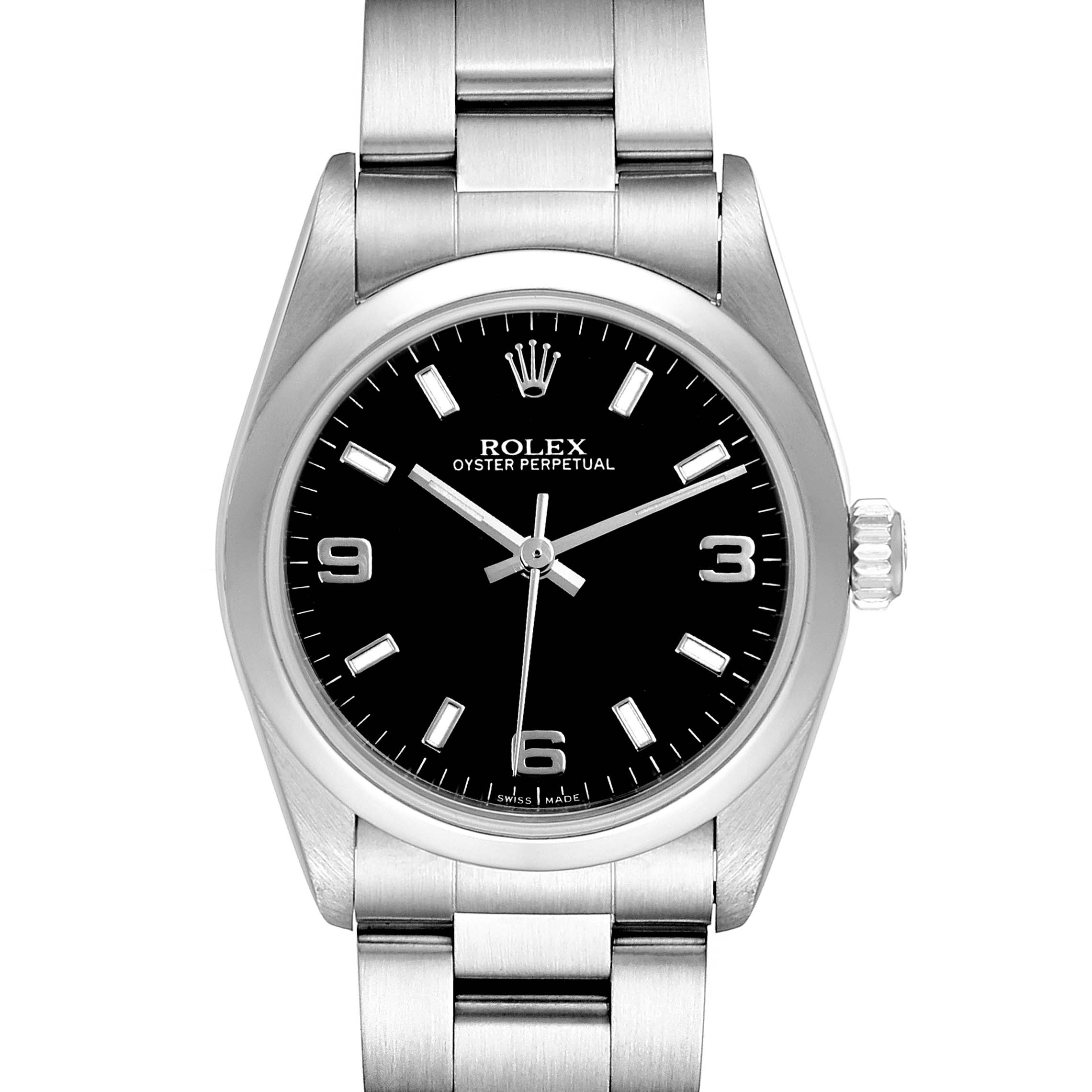 The image shows a front view of the Rolex Mid-Size 77080 Women's Stainless Steel Black Dial 77080 Women's Stainless Steel Black Dial Oyster Perpetual watch, highlighting its black dial, silver hour markers, and bracelet.