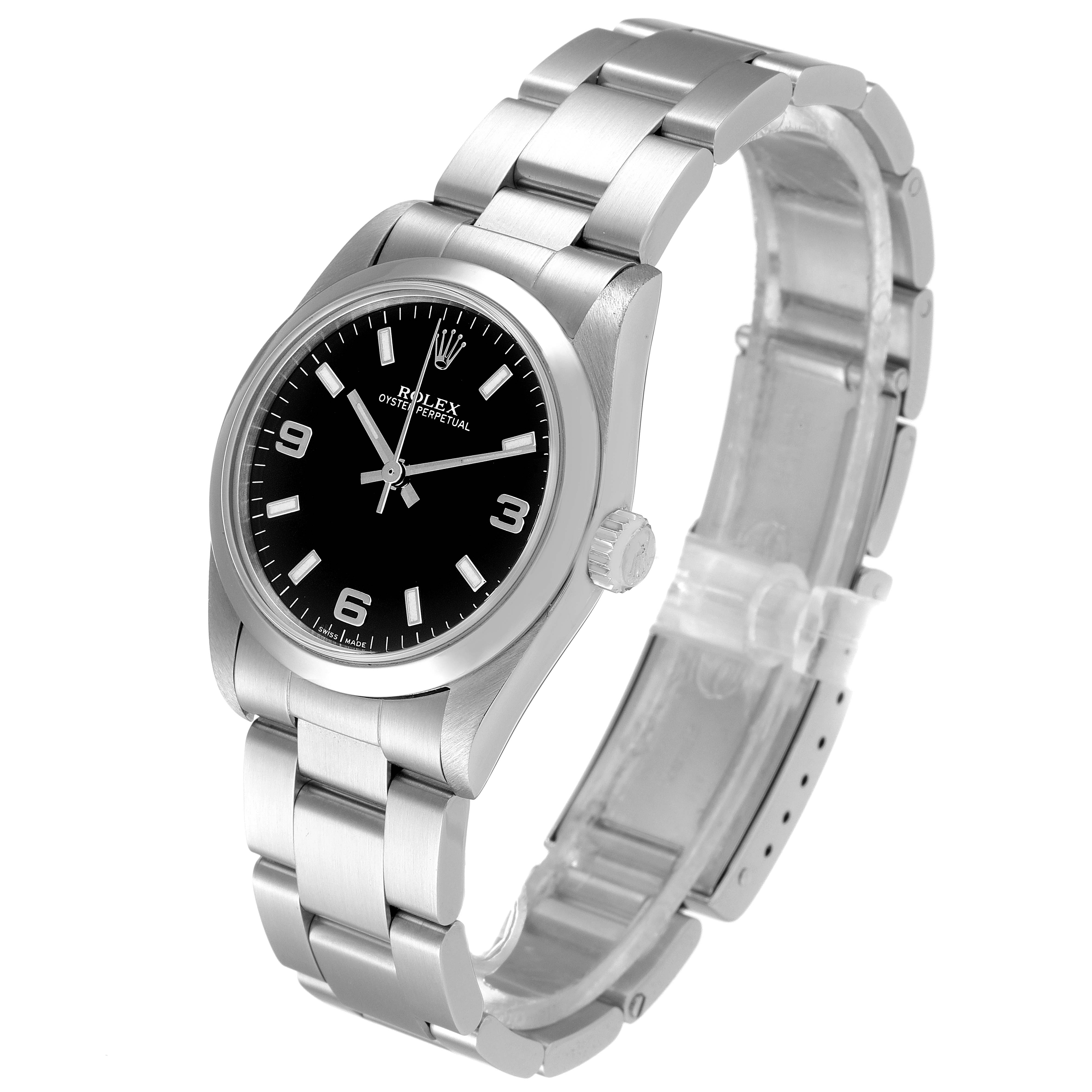 This image shows a Mid-Size Rolex Oyster Perpetual watch at a 3/4 angle, displaying the dial, hands, crown, and bracelet.