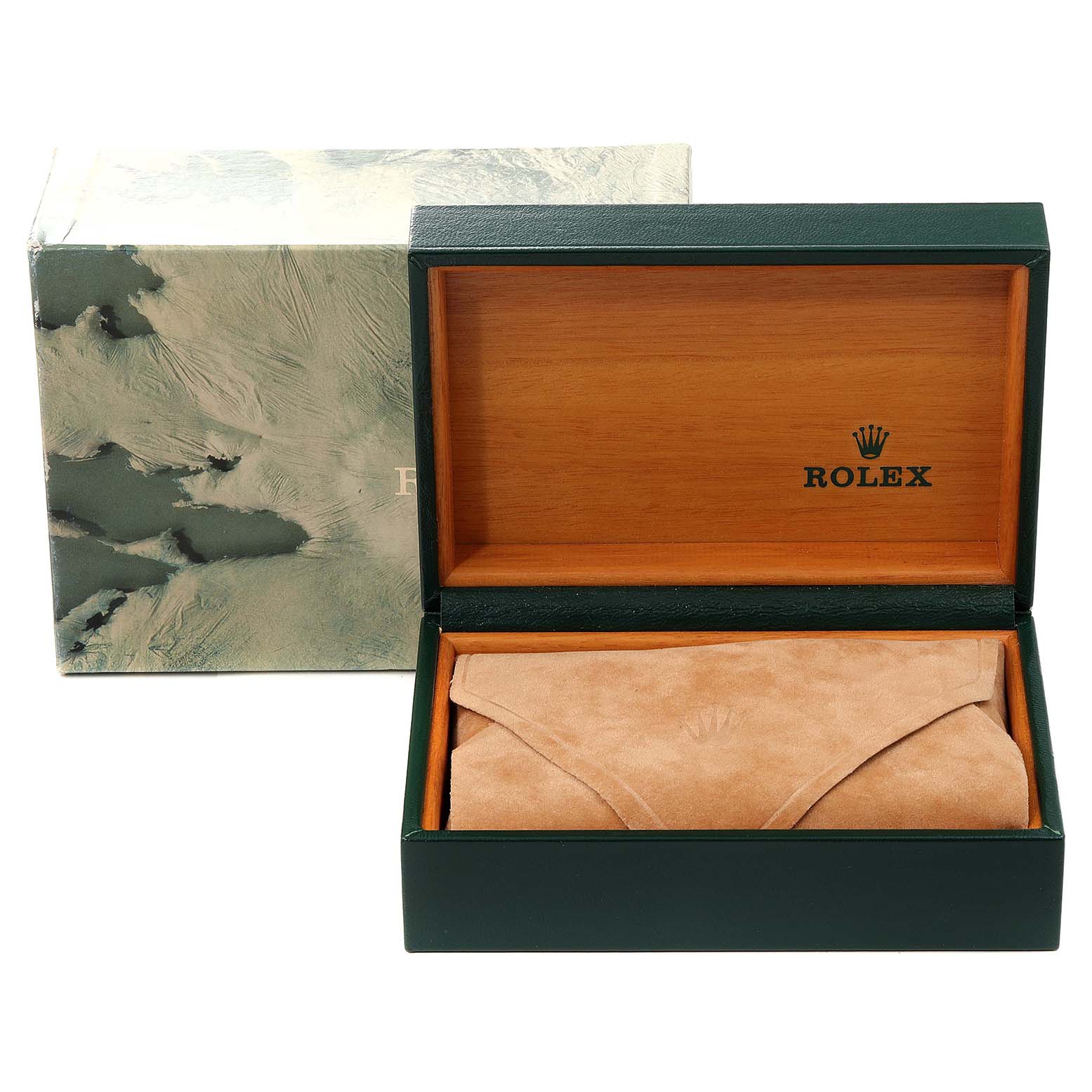 The image shows an open wooden Rolex box with a suede pouch inside designated for the Mid-Size model.