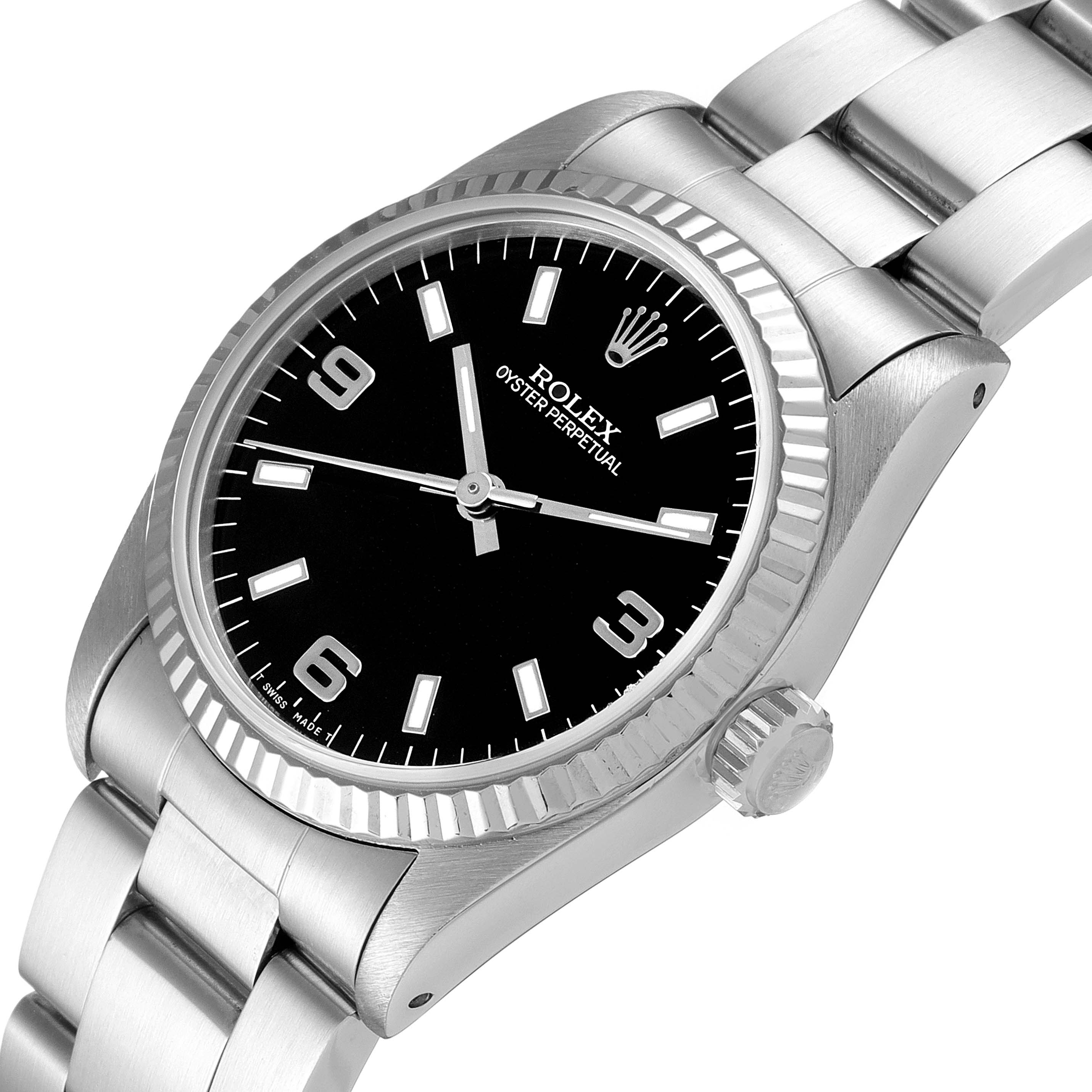 The Rolex Mid-Size 67514 Women's Stainless Steel Black Dial 67514 Women's Stainless Steel Black Dial watch is shown from an angled view, displaying the face, bezel, crown, and part of the bracelet.
