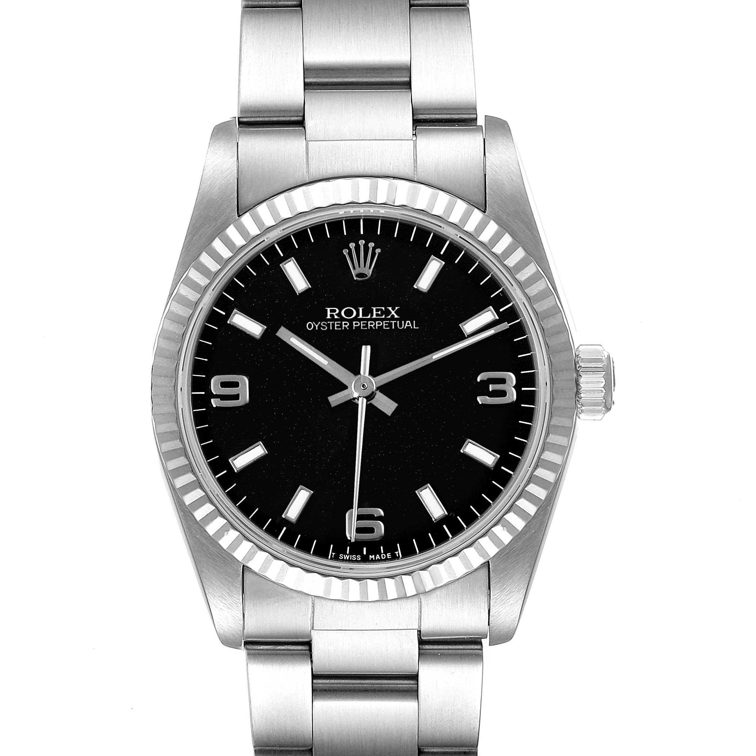 This image shows a front view of a Rolex Oyster Perpetual Mid-Size watch, highlighting the black dial and stainless steel bracelet.