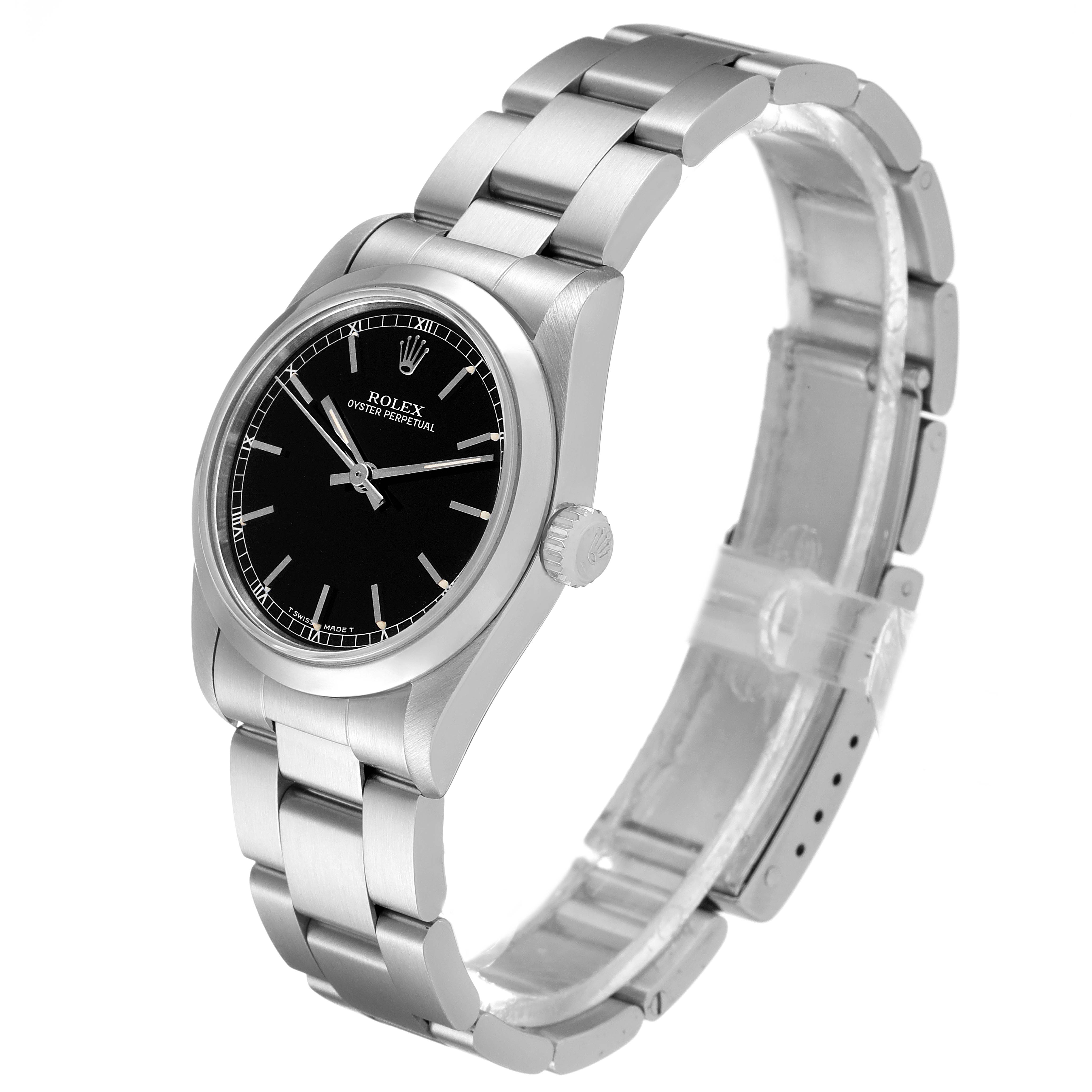 The Rolex Mid-Size 67480 Women's Stainless Steel Black Dial 67480 Women's Stainless Steel Black Dial model watch is shown at a three-quarter angle, displaying the watch face, bezel, crown, and bracelet.