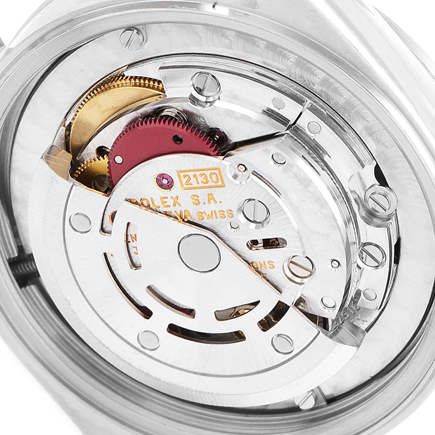 The image shows the movement and internal mechanism of a Rolex Mid-Size 67480 Women's Stainless Steel Black Dial 67480 Women's Stainless Steel Black Dial watch viewed from the back.
