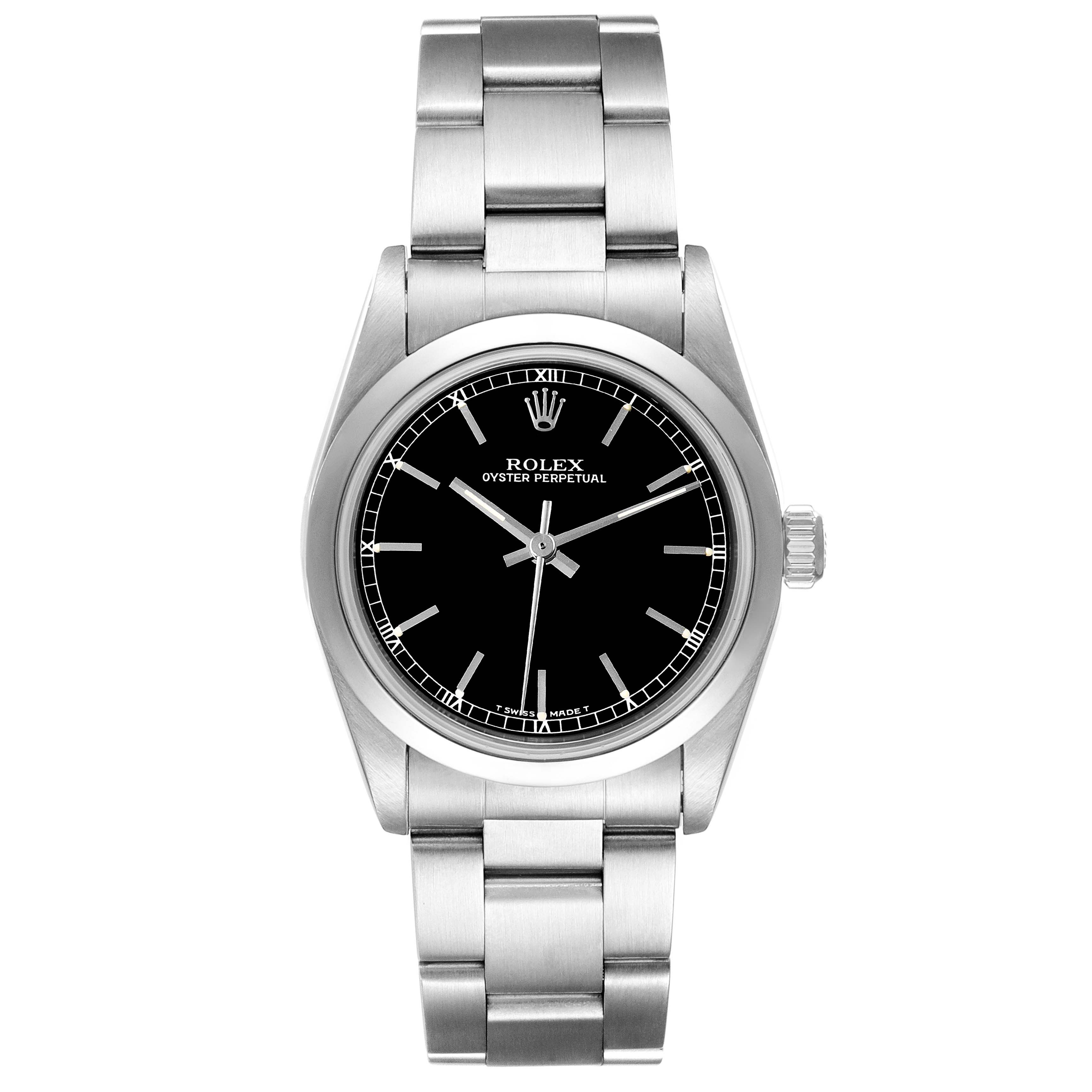 The image shows a Rolex Oyster Perpetual Mid-Size model from a top-down angle, displaying its bracelet, bezel, and dial.