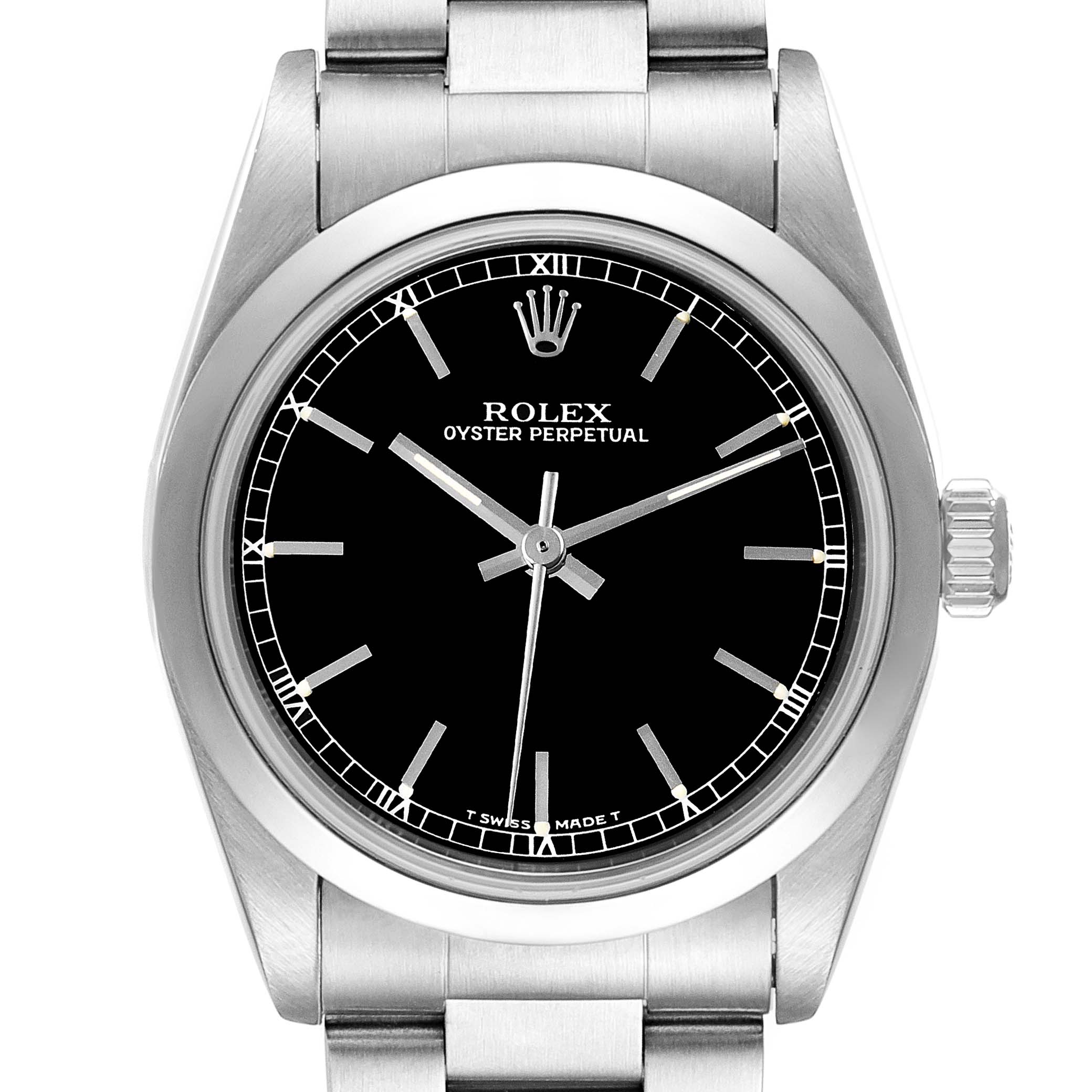 The image shows a front view of a Rolex Oyster Perpetual Mid-Size watch, displaying the bezel, dial, crown, and part of the bracelet.