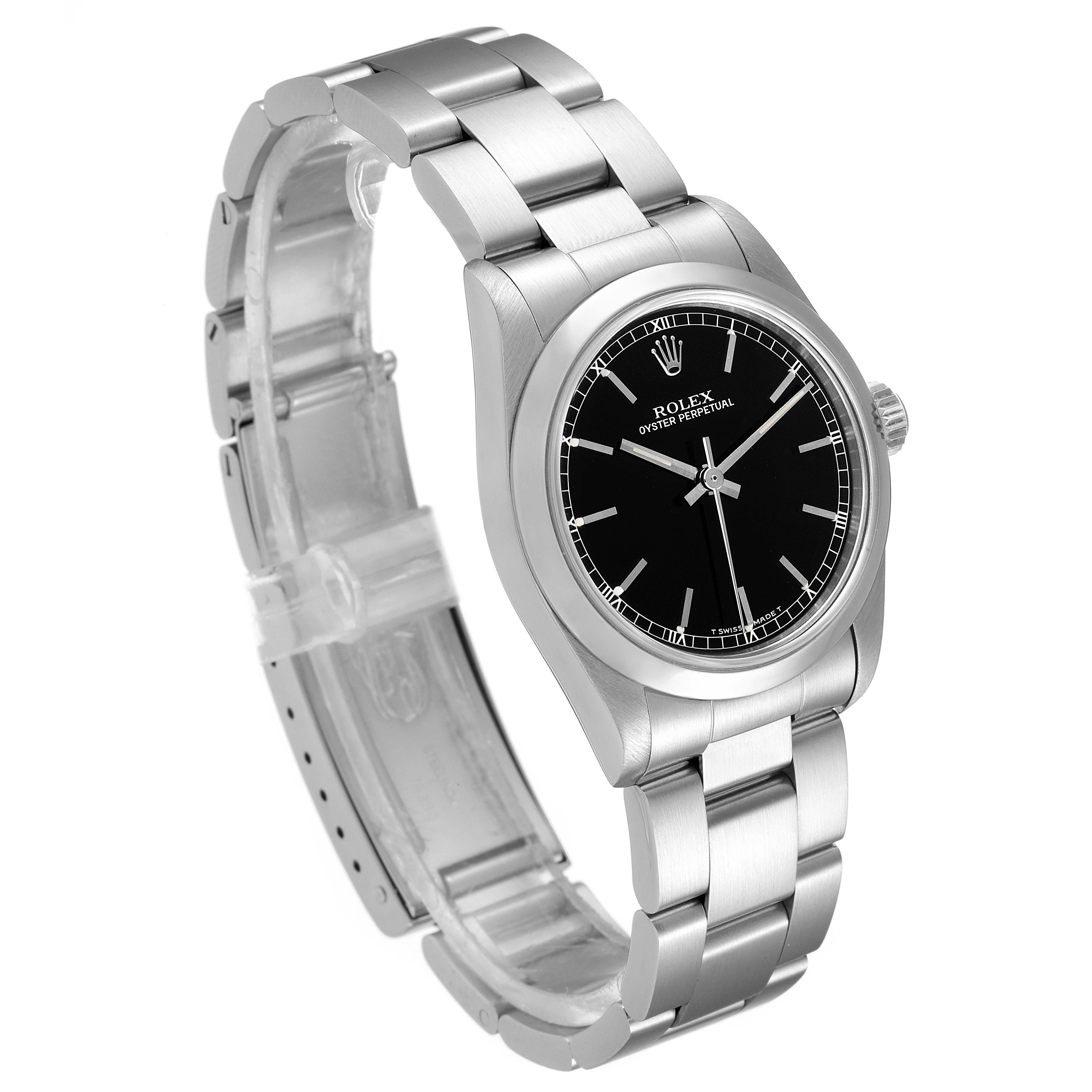 This image shows a Rolex Mid-Size 67480 Women's Stainless Steel Black Dial 67480 Women's Stainless Steel Black Dial model watch at a three-quarter angle, displaying the black dial, bracelet, and bezel.