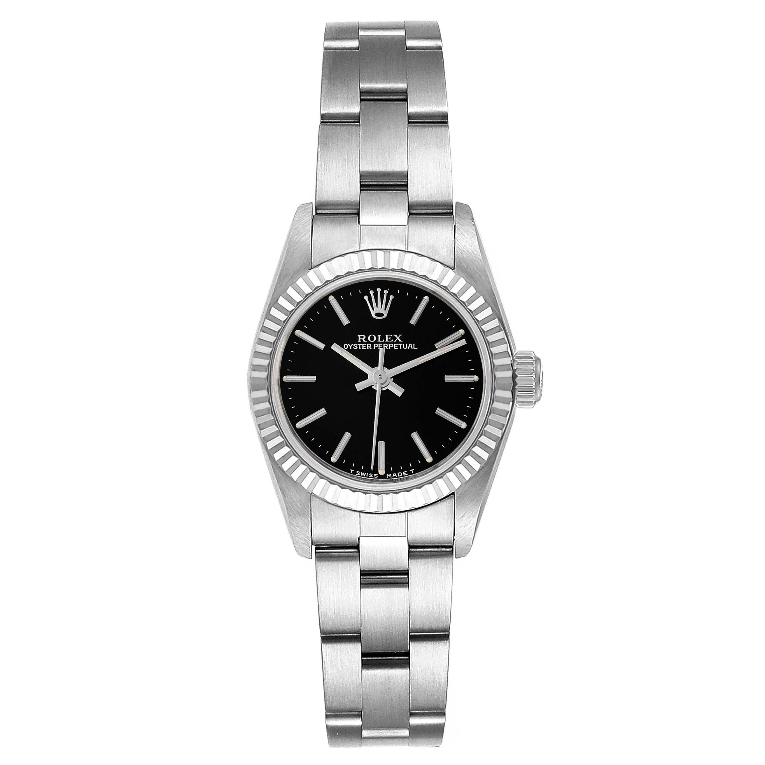 The image shows a front view of the Rolex Oyster Perpetual 67194 Women's Stainless Steel Black Dial 67194 Women's Stainless Steel Black Dial watch, highlighting the face, bezel, bracelet, and crown.