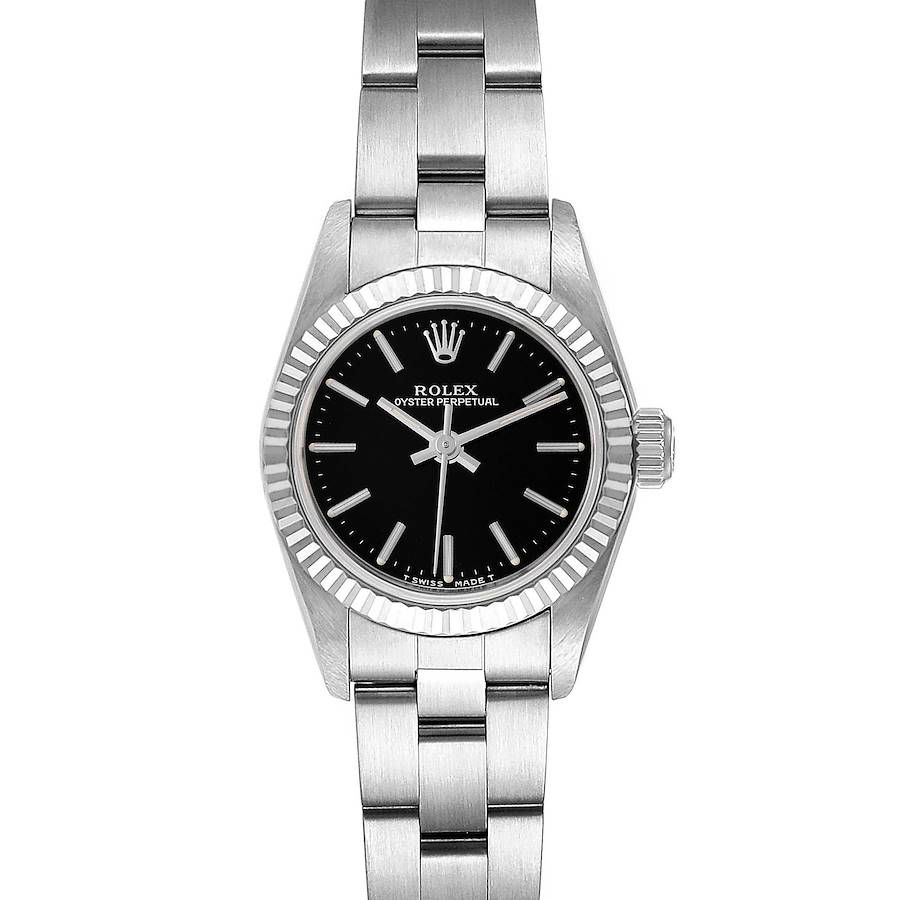 Rolex Non-Date Steel 18k White Gold Black Dial Ladies Watch 67194 SwissWatchExpo