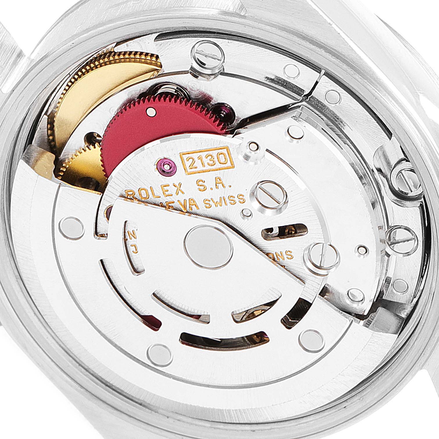 This image shows a close-up of the Rolex Oyster Perpetual 67194 Women's Stainless Steel Black Dial 67194 Women's Stainless Steel Black Dial watch's movement with visible gears and the rotor.