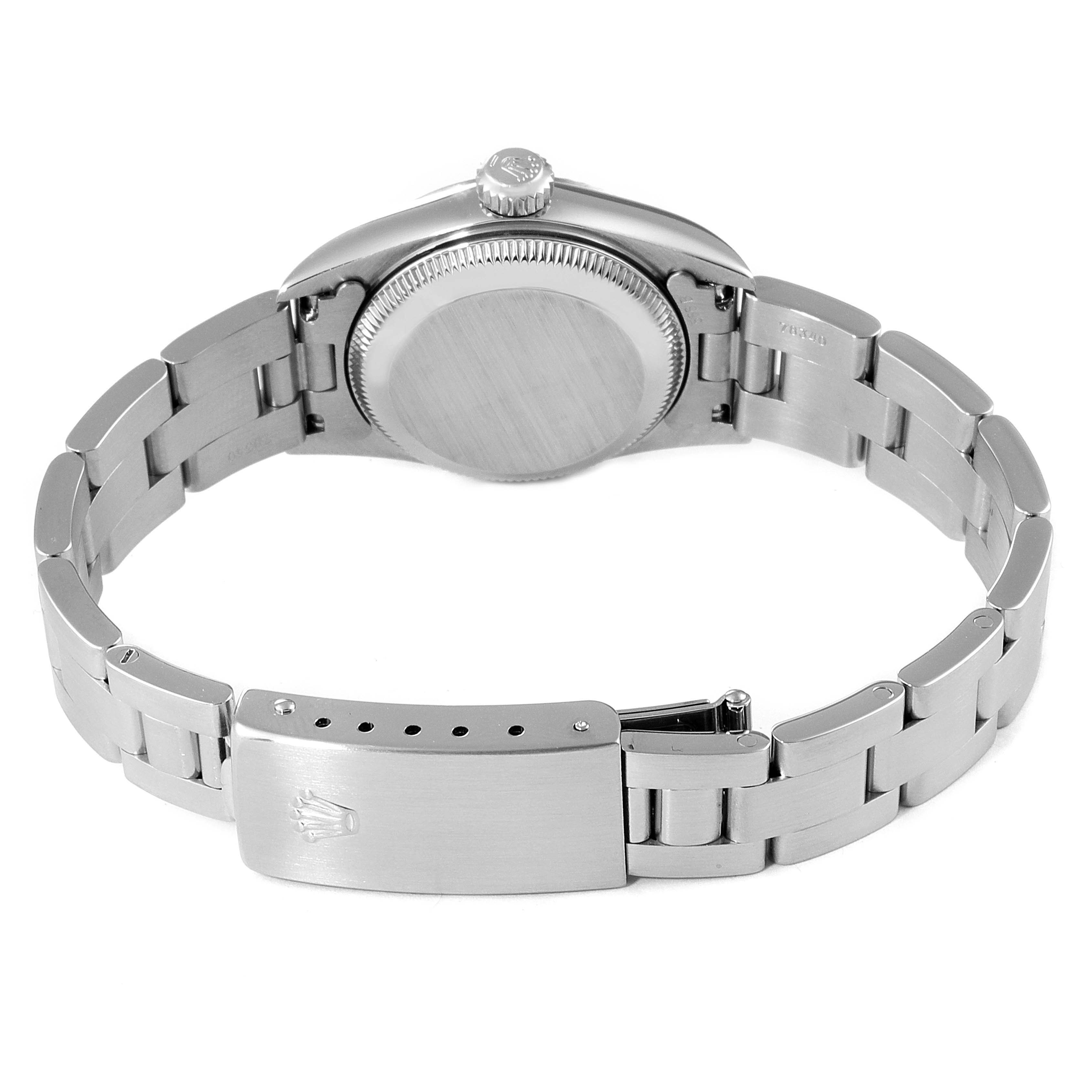 The image shows the back case, crown, and bracelet clasp of a Rolex Oyster Perpetual 67194 Women's Stainless Steel Black Dial 67194 Women's Stainless Steel Black Dial watch.