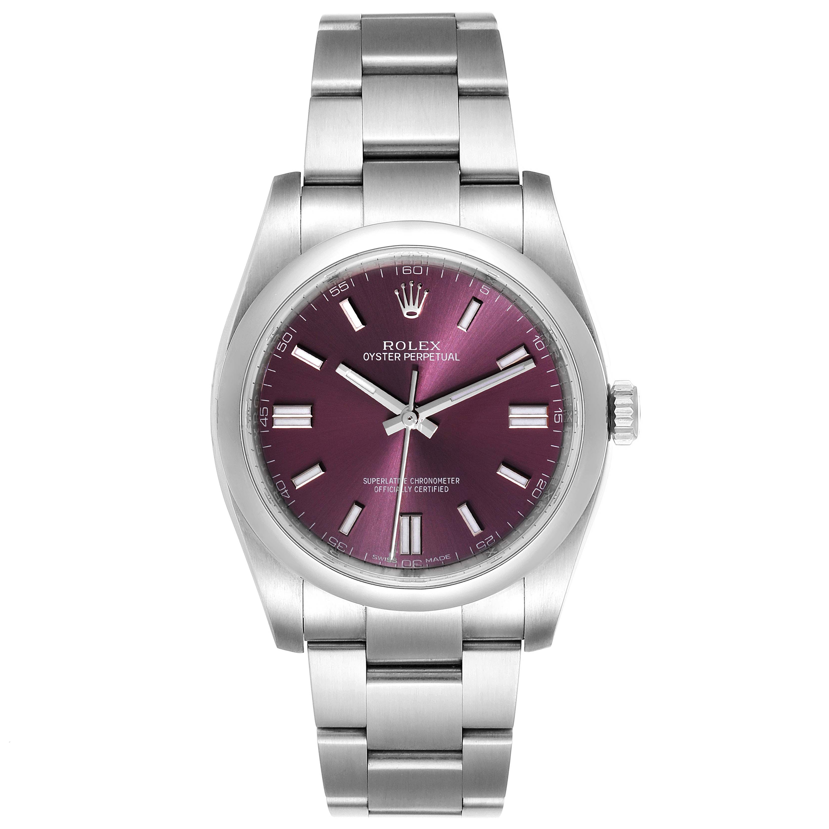 The image shows a front view of the Rolex Oyster Perpetual 116000 Men's Stainless Steel Burgundy Dial 116000 Men's Stainless Steel Burgundy Dial watch featuring a stainless steel band and a purple dial.