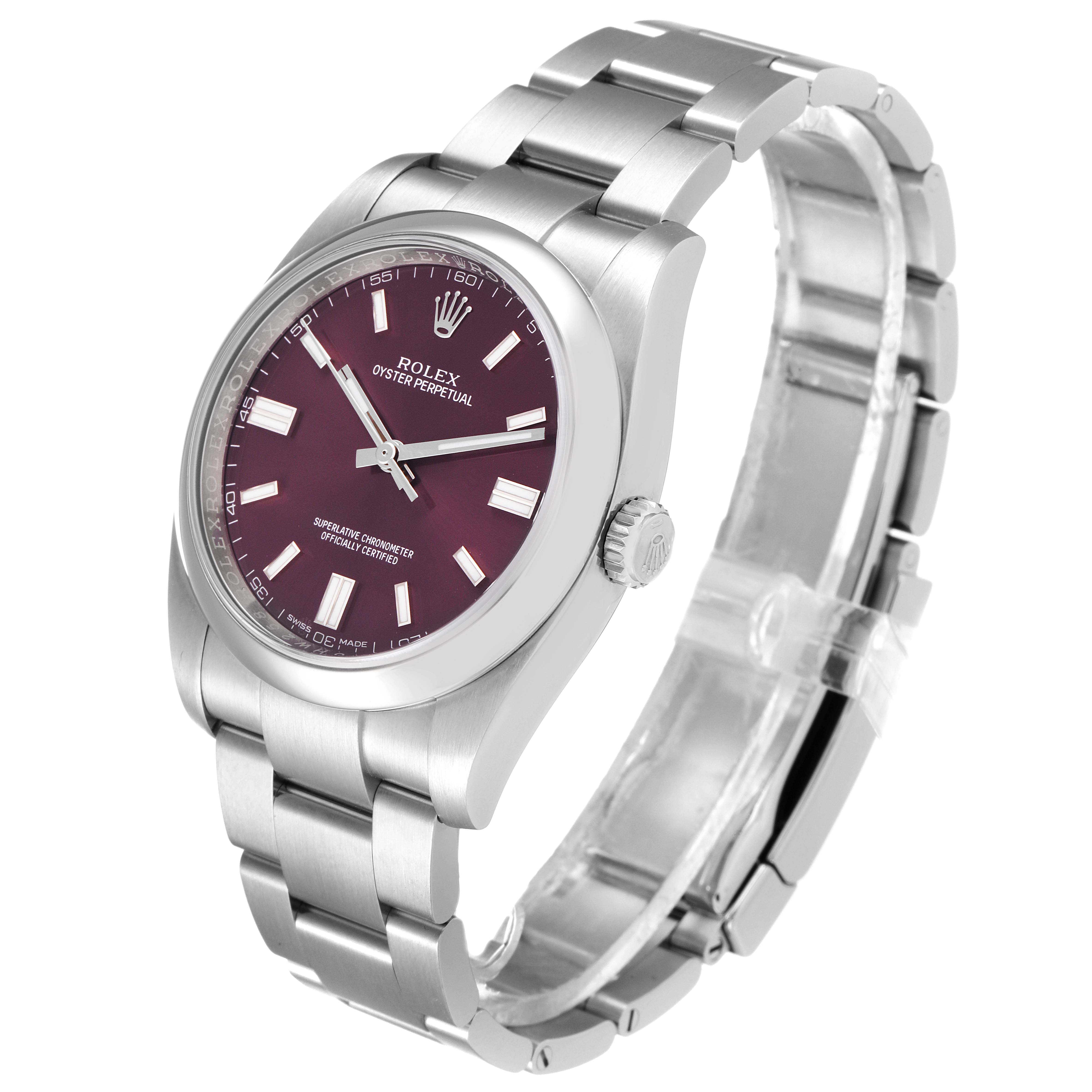 The image shows a Rolex Oyster Perpetual 116000 Men's Stainless Steel Burgundy Dial 116000 Men's Stainless Steel Burgundy Dial watch from a three-quarter angle, displaying the dial, case, and metal bracelet.