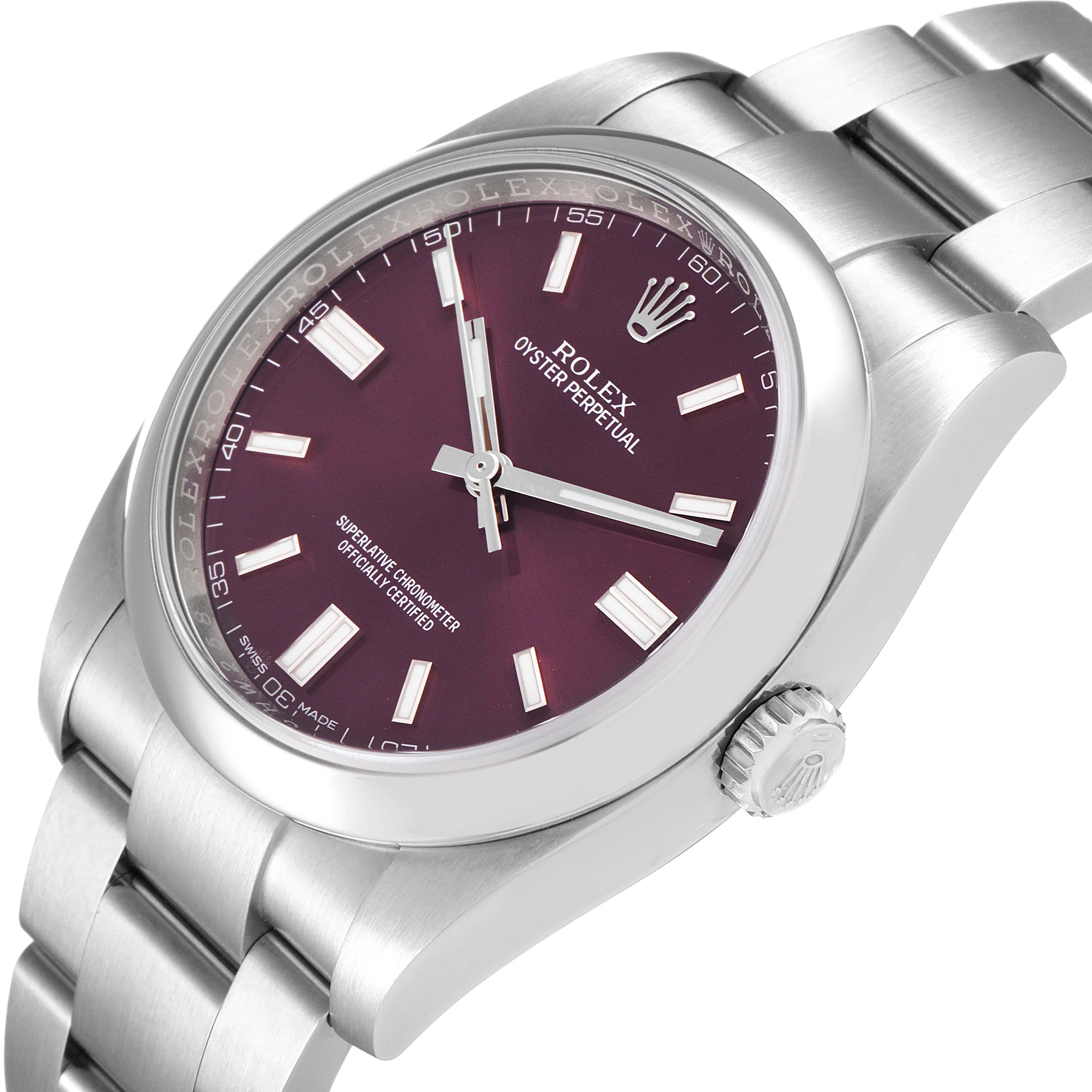 The image shows a side angled view of a Rolex Oyster Perpetual 116000 Men's Stainless Steel Burgundy Dial 116000 Men's Stainless Steel Burgundy Dial watch highlighting the face, crown, and bracelet.