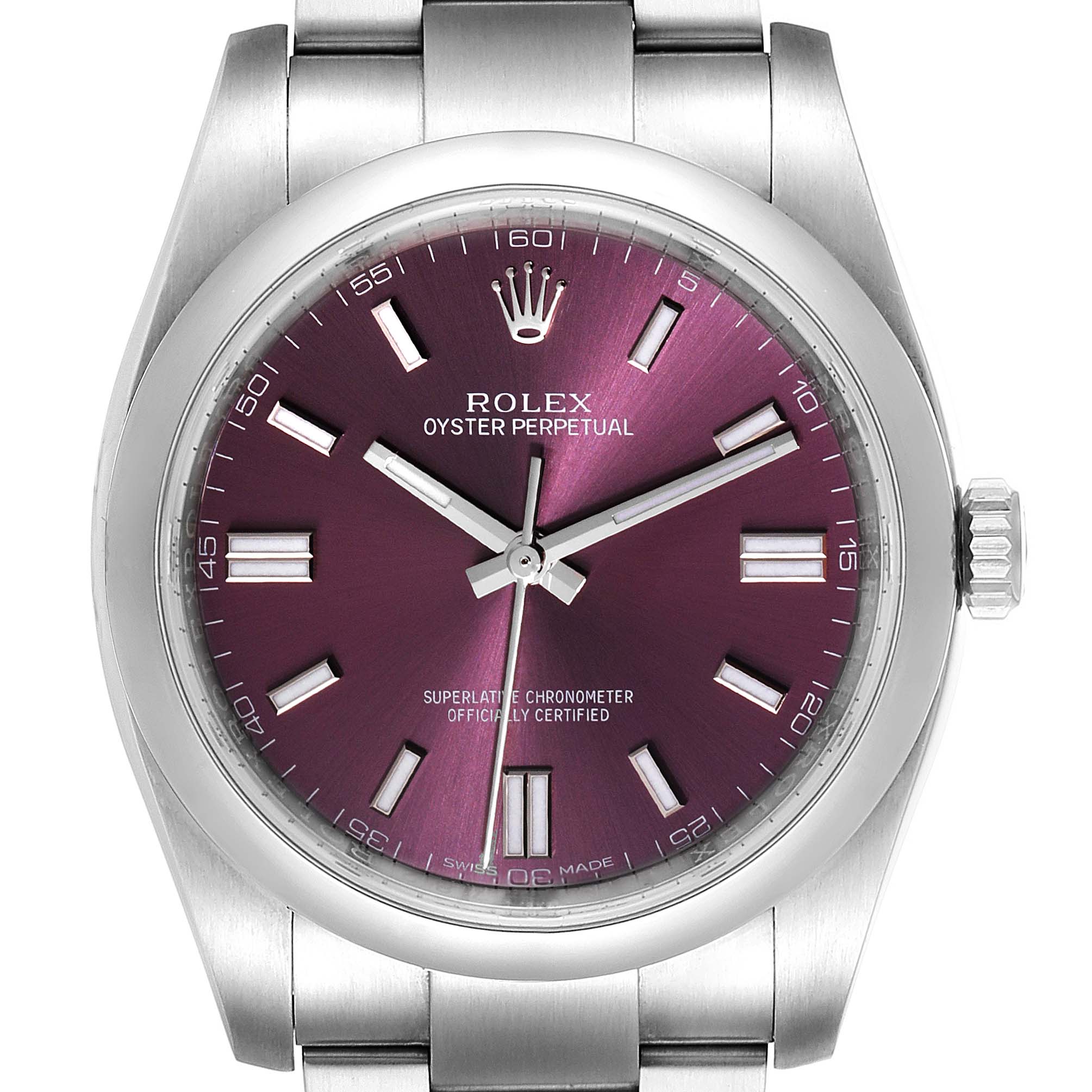 This is a close-up view of a Rolex Oyster Perpetual 116000 Men's Stainless Steel Burgundy Dial 116000 Men's Stainless Steel Burgundy Dial watch featuring the dial, case, bezel, and part of the bracelet.