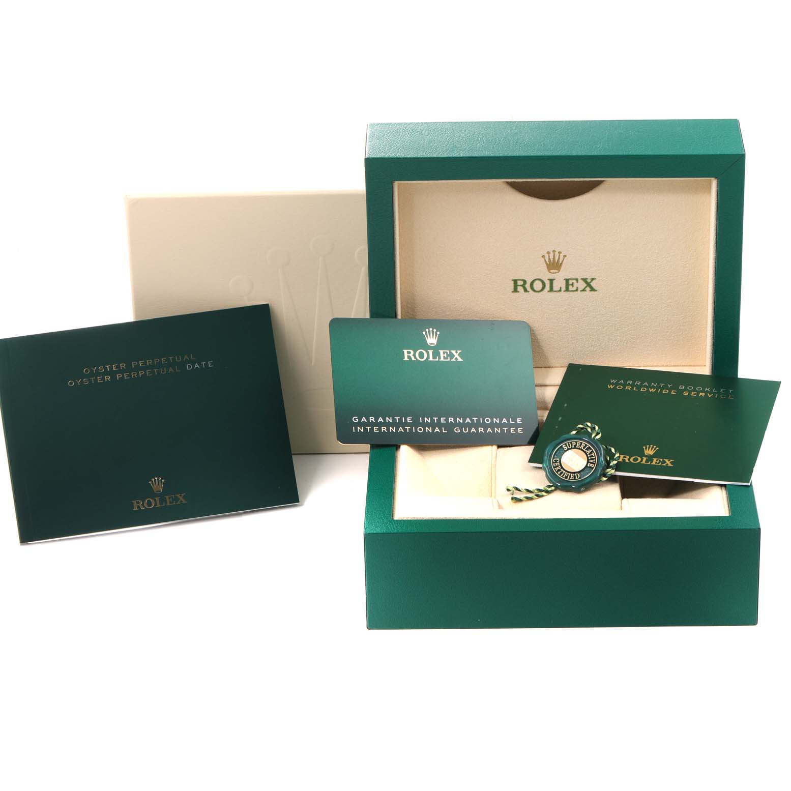 The image shows a Rolex Oyster Perpetual 116000 Men's Stainless Steel Burgundy Dial 116000 Men's Stainless Steel Burgundy Dial's box, warranty card, booklets, and accessories from a front angle.