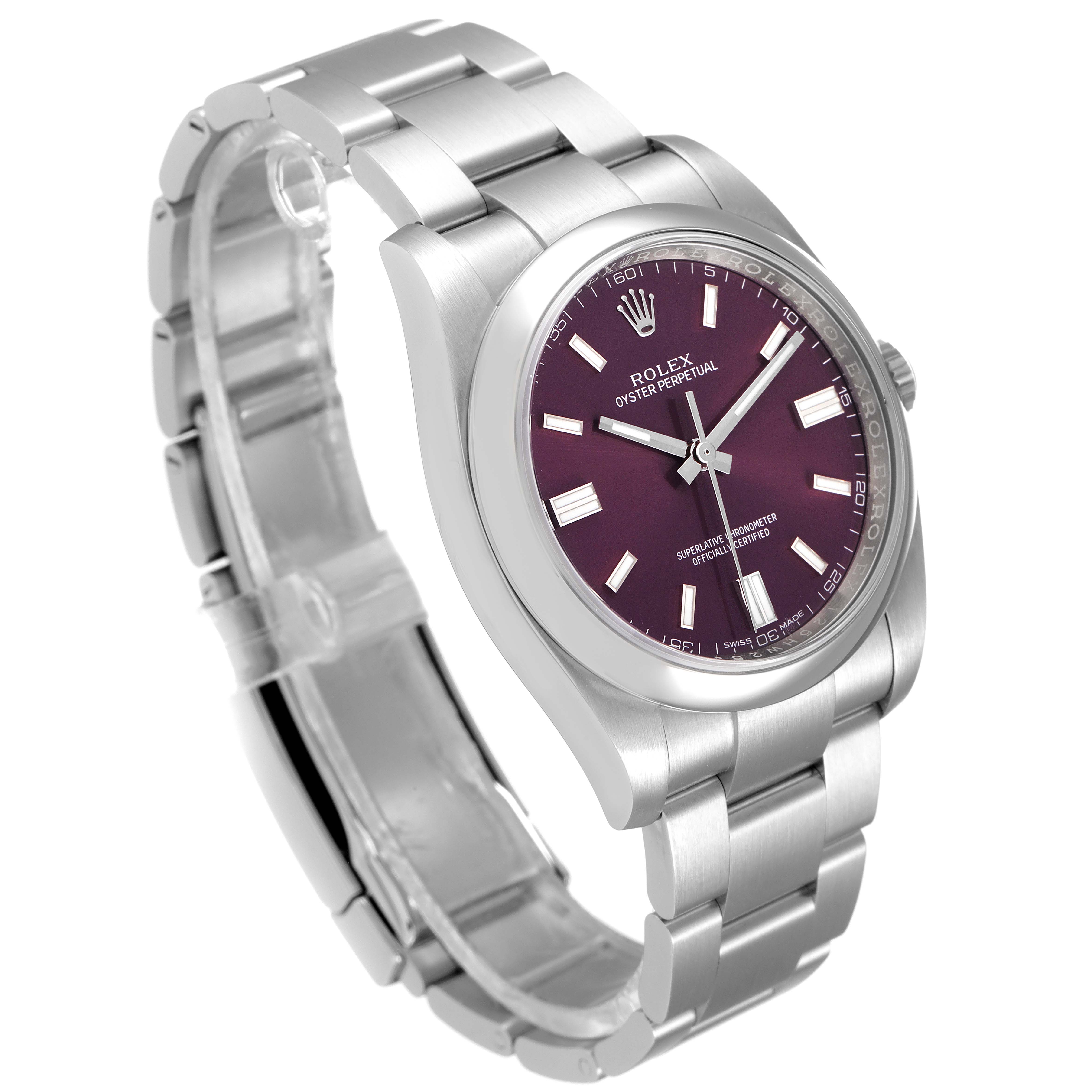 The image shows a Rolex Oyster Perpetual 116000 Men's Stainless Steel Burgundy Dial 116000 Men's Stainless Steel Burgundy Dial watch at a slight angle, highlighting its purple dial and metal bracelet.