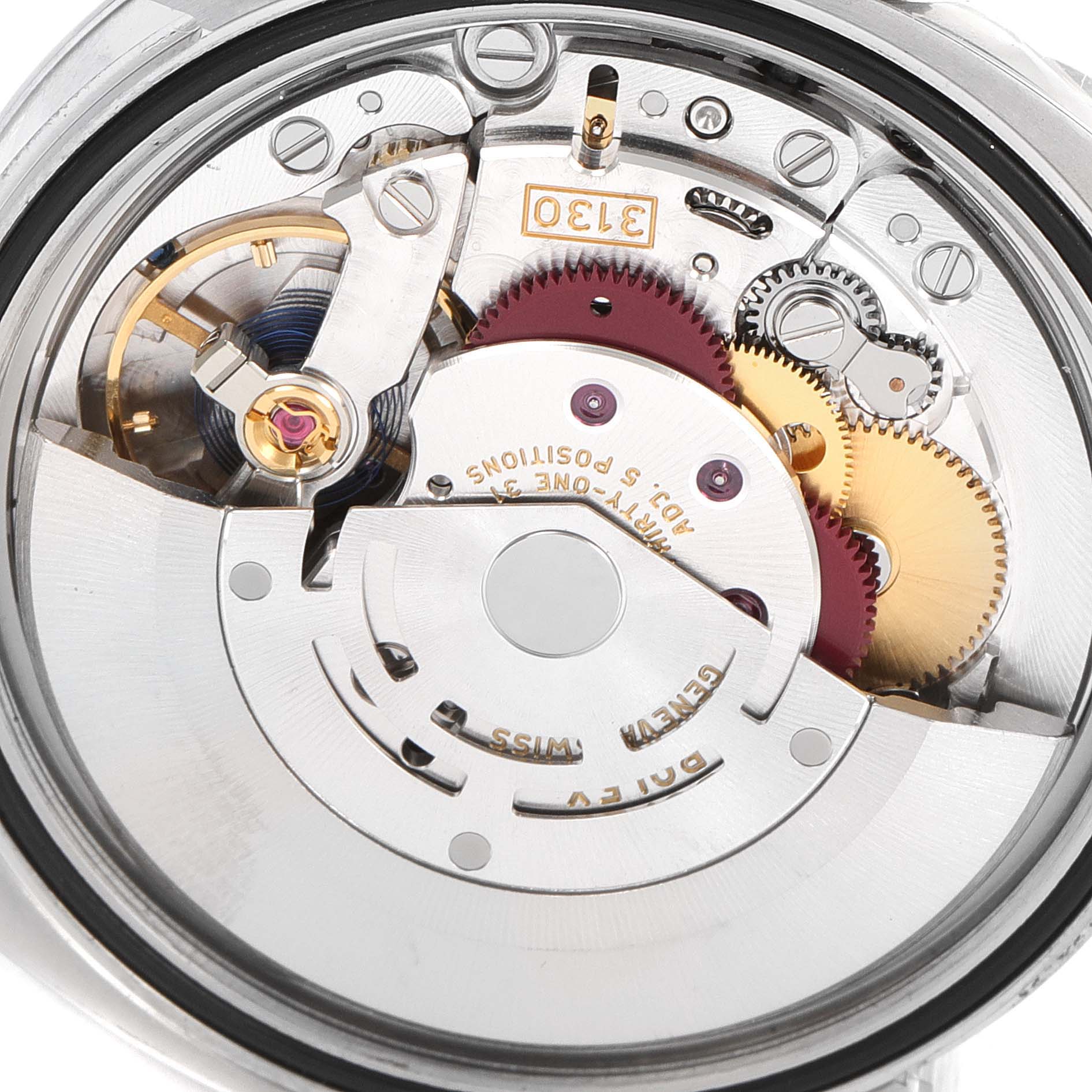 The image shows the internal mechanism and movement of a Rolex Oyster Perpetual 116000 Men's Stainless Steel Burgundy Dial 116000 Men's Stainless Steel Burgundy Dial watch from the back angle.