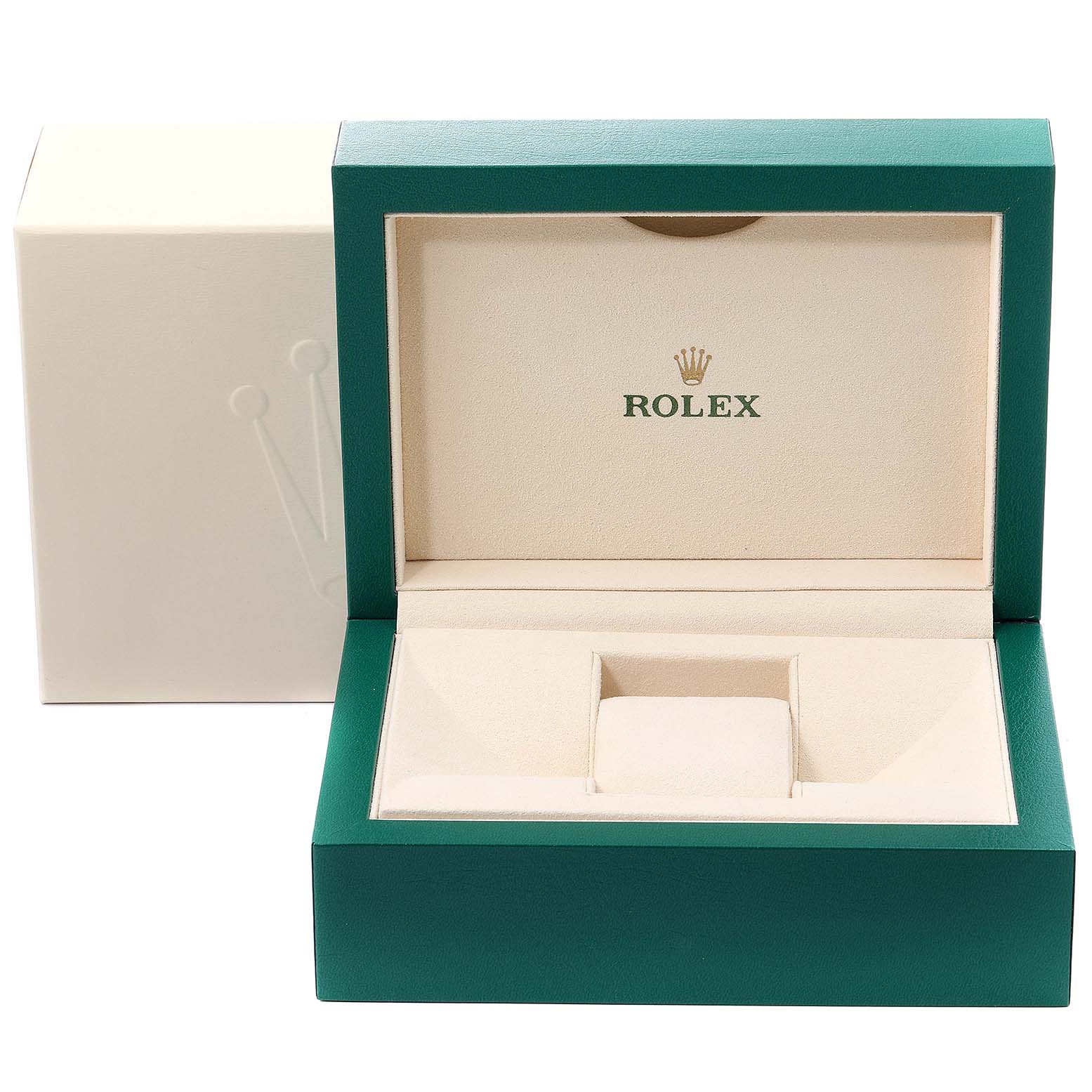 The image shows an empty Rolex Oyster Perpetual 114300 Men's Stainless Steel Silver Dial 114300 Men's Stainless Steel Silver Dial watch box, viewed from the front with the lid open.