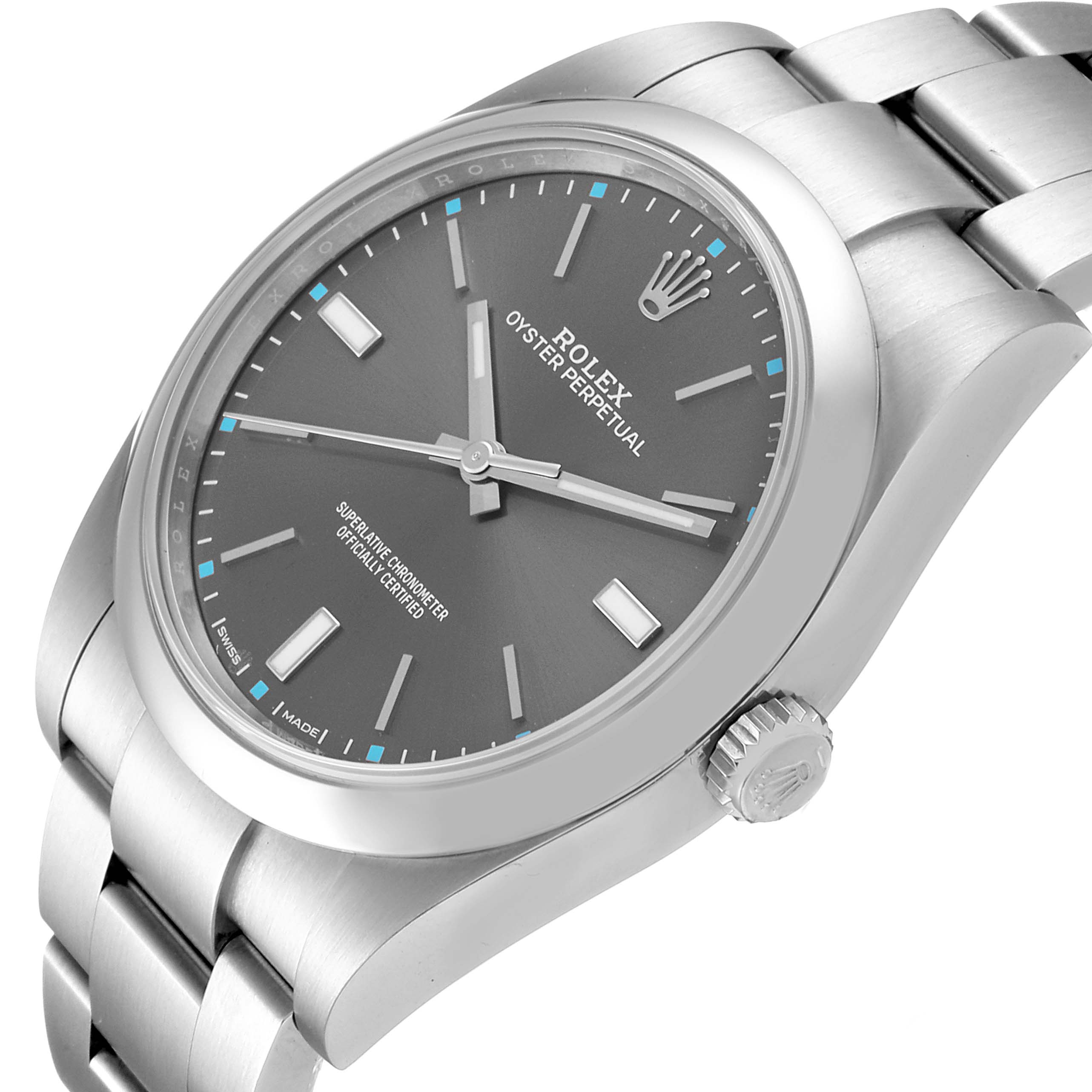 The image shows a close-up angled view of a Rolex Oyster Perpetual 114300 Men's Stainless Steel Silver Dial 114300 Men's Stainless Steel Silver Dial watch, featuring the dial, bracelet, and crown.