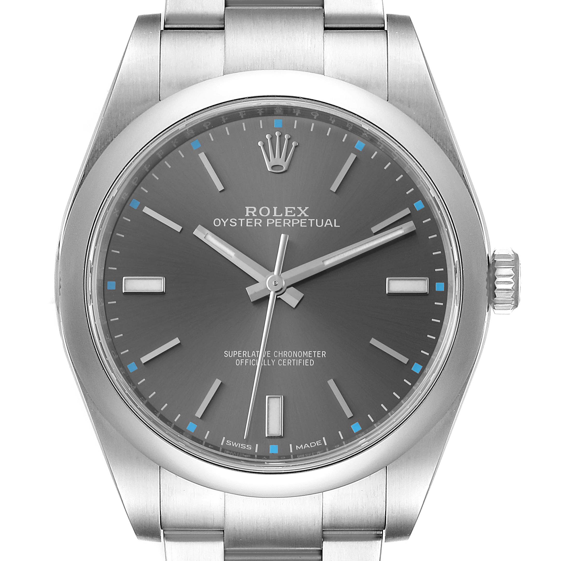 The image shows a front view of the Rolex Oyster Perpetual 114300 Men's Stainless Steel Silver Dial 114300 Men's Stainless Steel Silver Dial watch, highlighting the dial, hands, crown, and part of the bracelet.