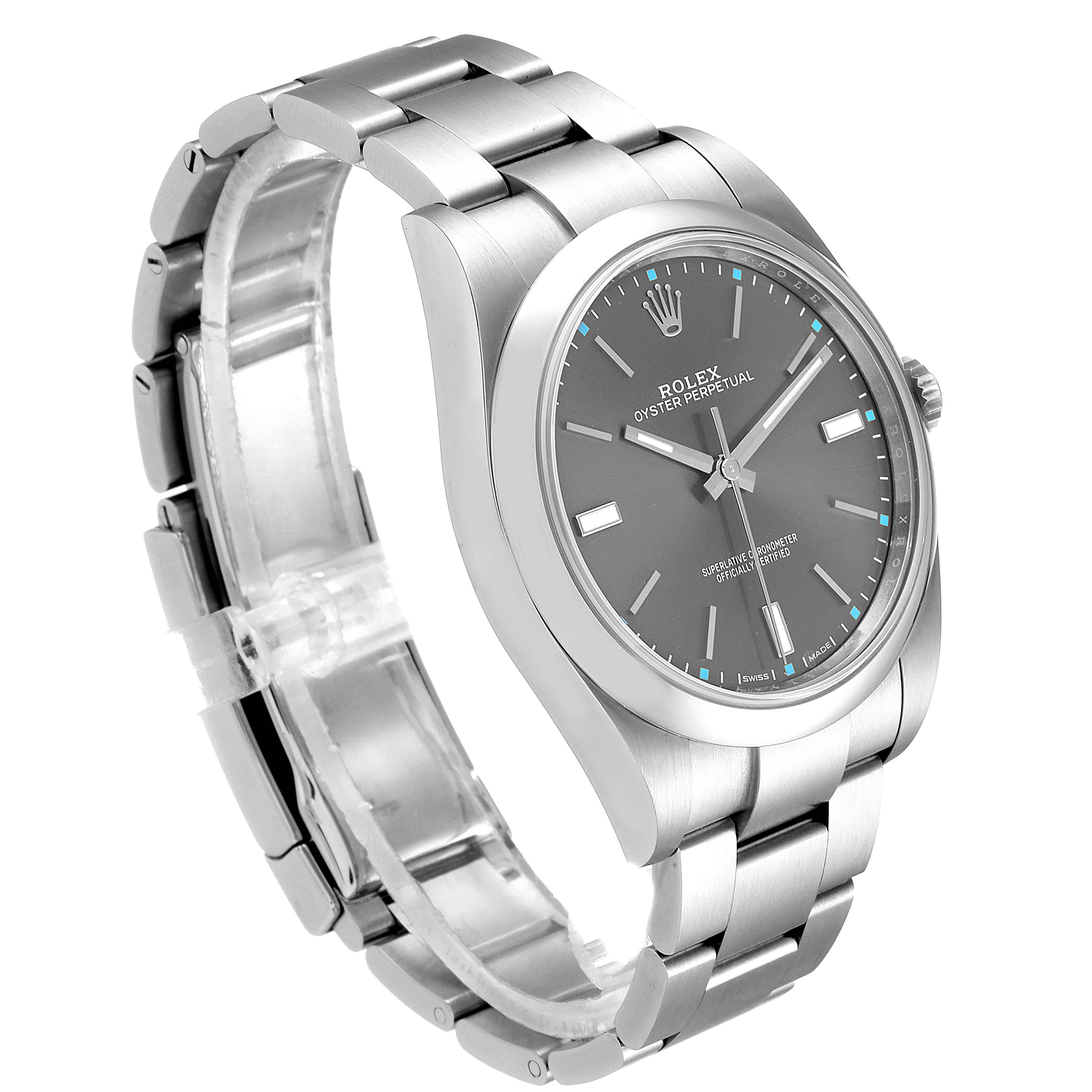 The image shows a side-angle view of a Rolex Oyster Perpetual 114300 Men's Stainless Steel Silver Dial 114300 Men's Stainless Steel Silver Dial watch, highlighting the bracelet, dial, and case.