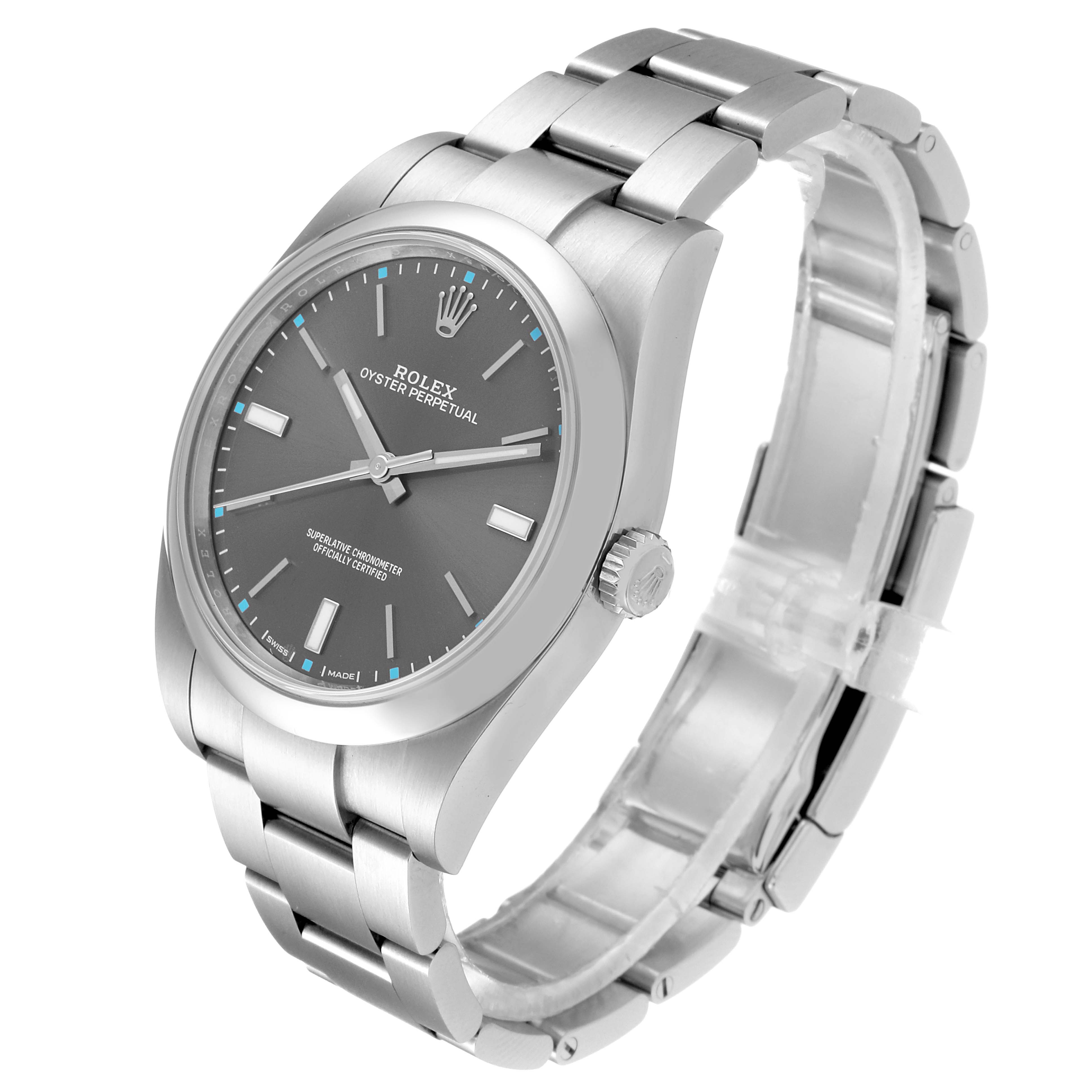 The image shows a side angle of the Rolex Oyster Perpetual 114300 Men's Stainless Steel Silver Dial 114300 Men's Stainless Steel Silver Dial watch, displaying its face, crown, and bracelet.