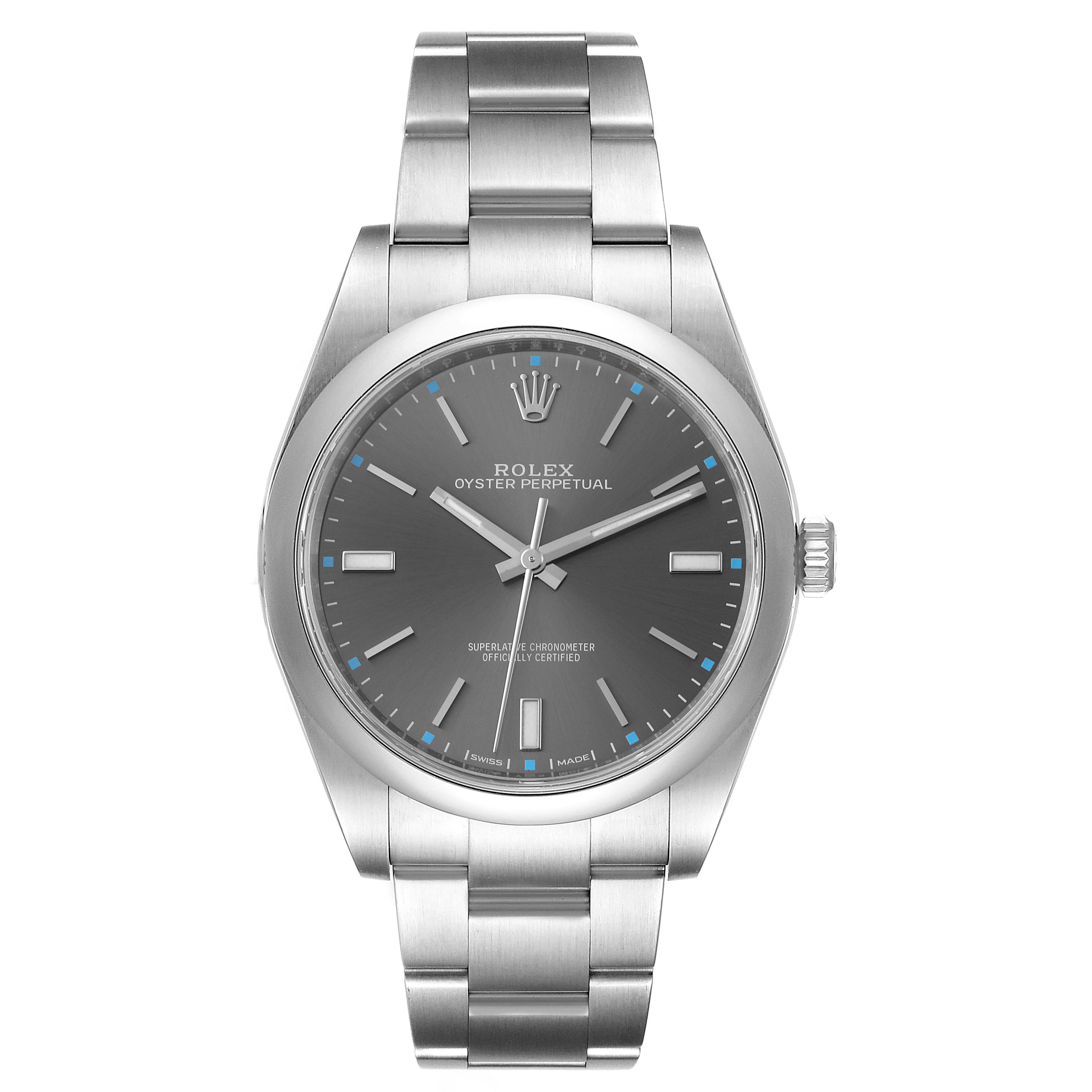 The image shows a front view of a Rolex Oyster Perpetual 114300 Men's Stainless Steel Silver Dial 114300 Men's Stainless Steel Silver Dial watch, highlighting its dial, hands, and stainless steel bracelet.