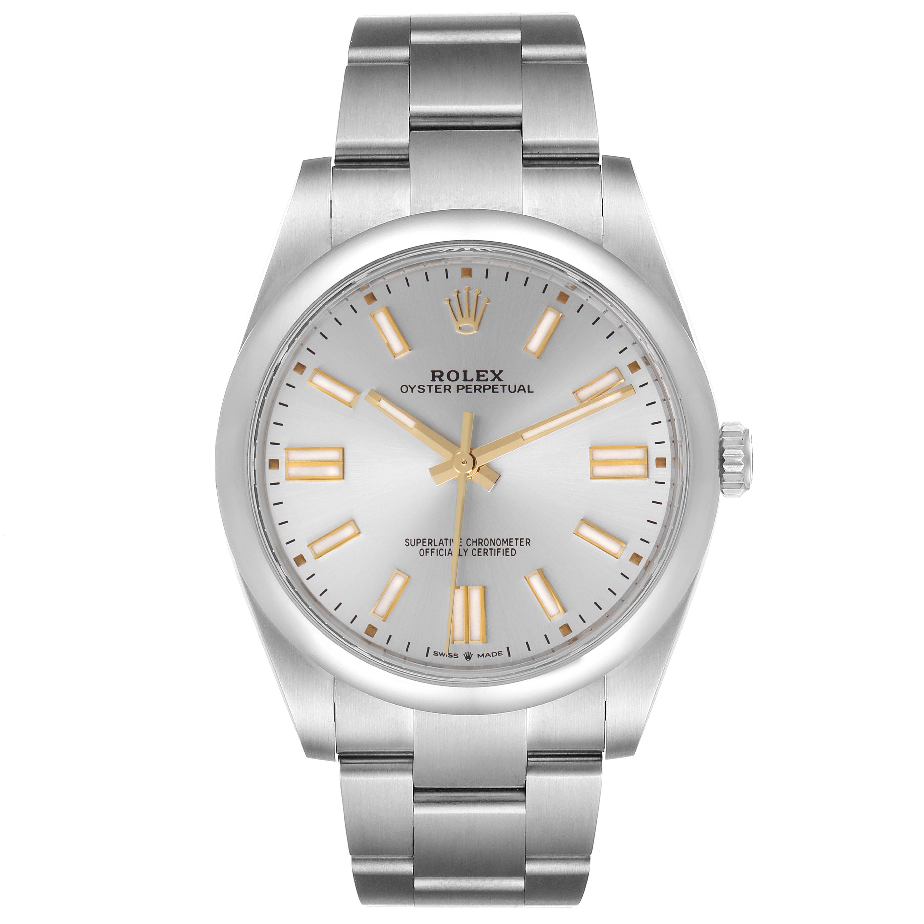 This image shows a front view of the face and bracelet of a Rolex Oyster Perpetual 124300 Men's Stainless Steel Silver Dial 124300 Men's Stainless Steel Silver Dial watch.