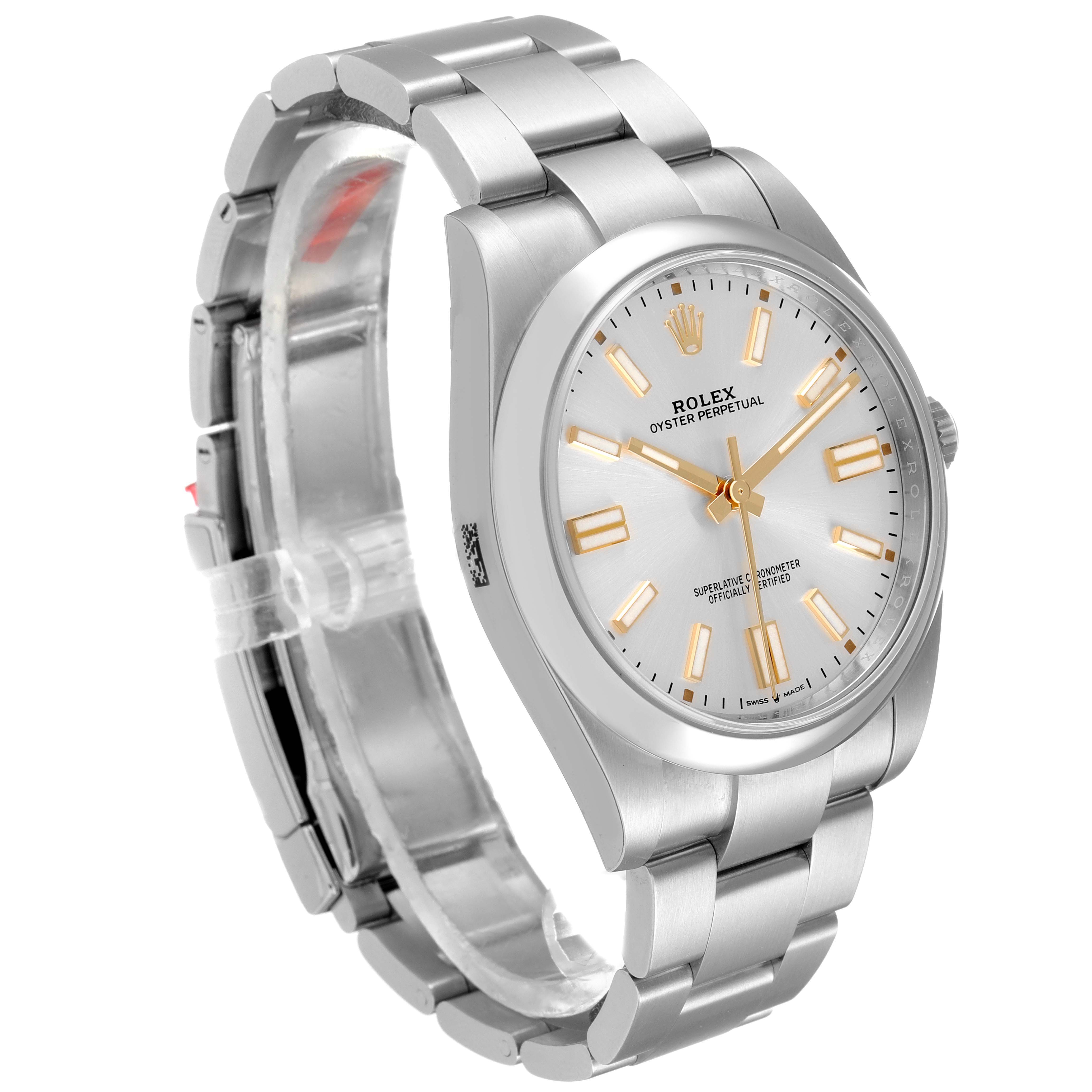 The image shows a side and front view of a Rolex Oyster Perpetual 124300 Men's Stainless Steel Silver Dial 124300 Men's Stainless Steel Silver Dial watch, highlighting its bracelet and dial.