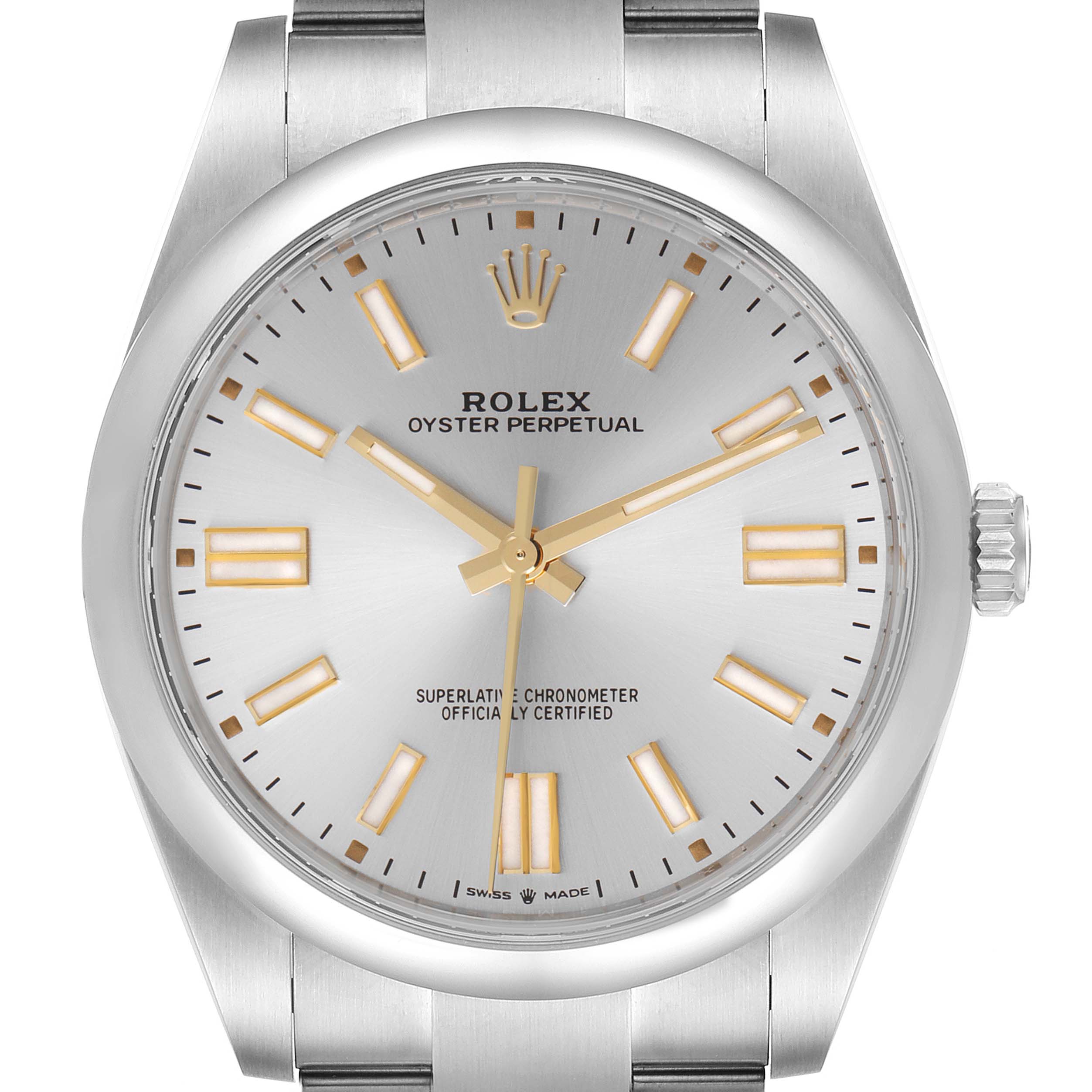 The Rolex Oyster Perpetual 124300 Men's Stainless Steel Silver Dial 124300 Men's Stainless Steel Silver Dial watch is shown from a front angle, displaying the dial, hands, crown, and part of the bracelet.