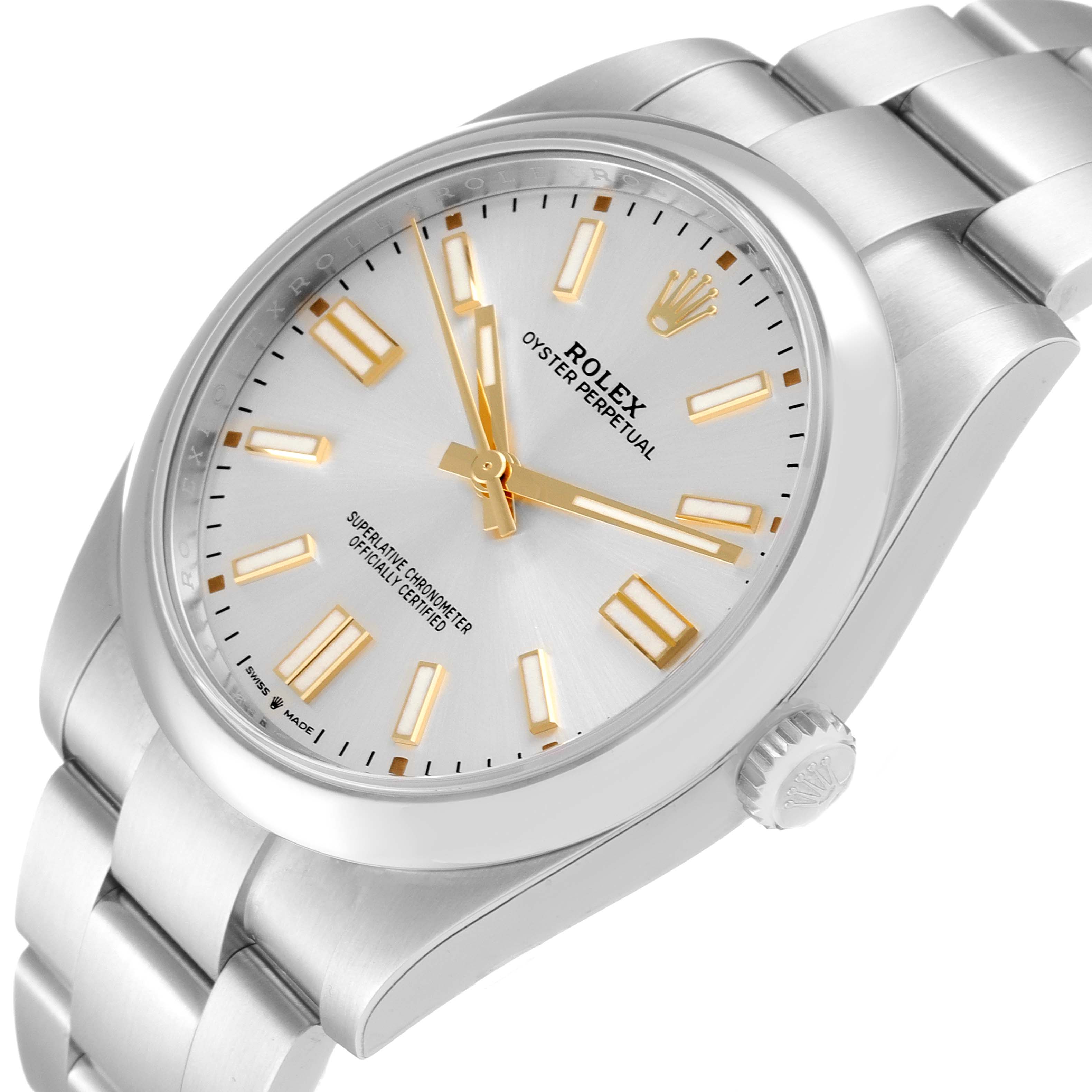 The Rolex Oyster Perpetual 124300 Men's Stainless Steel Silver Dial 124300 Men's Stainless Steel Silver Dial watch is viewed from an angled close-up, showing its dial, bracelet, and crown.