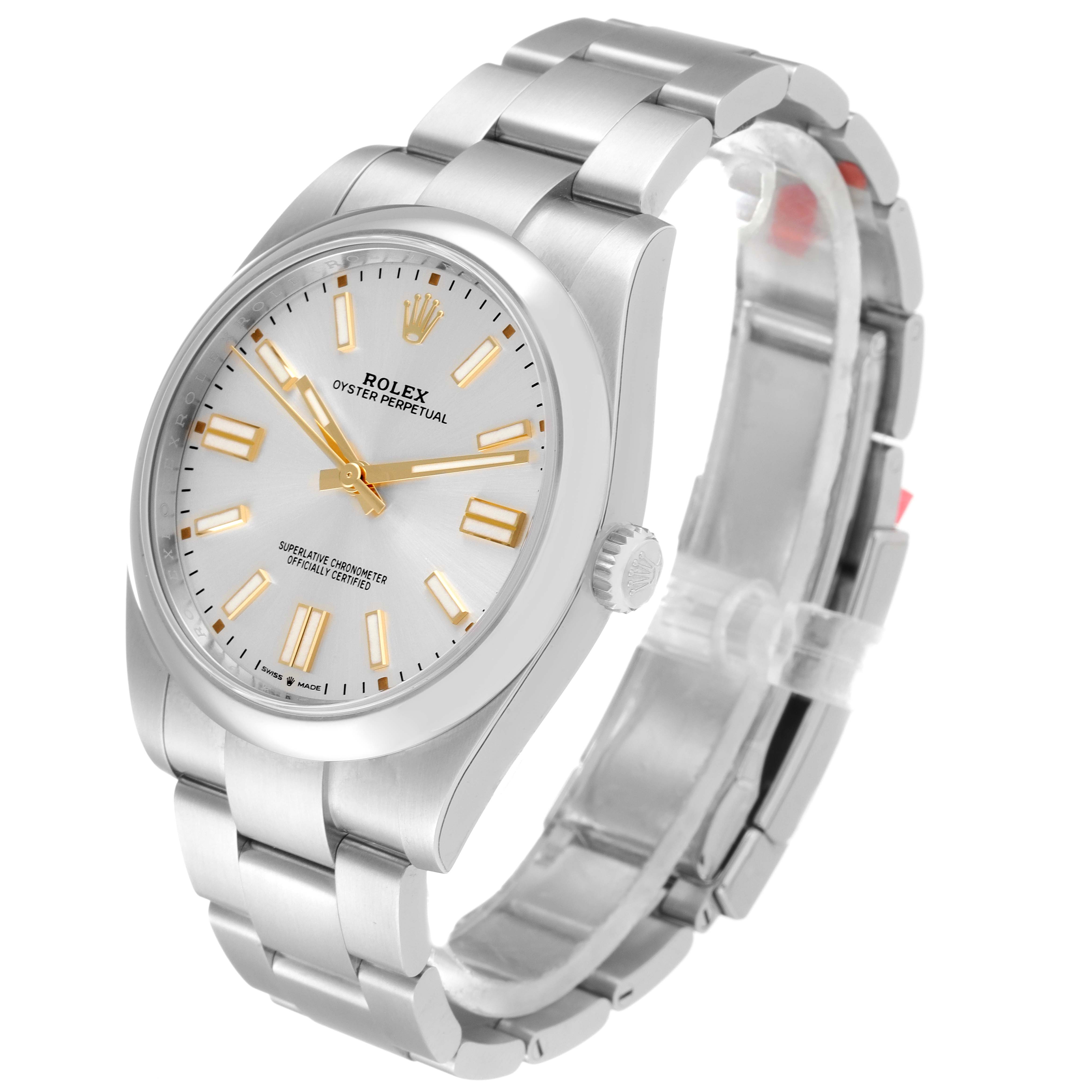 The image shows the front and side view of a Rolex Oyster Perpetual 124300 Men's Stainless Steel Silver Dial 124300 Men's Stainless Steel Silver Dial watch, highlighting its dial, crown, and bracelet.