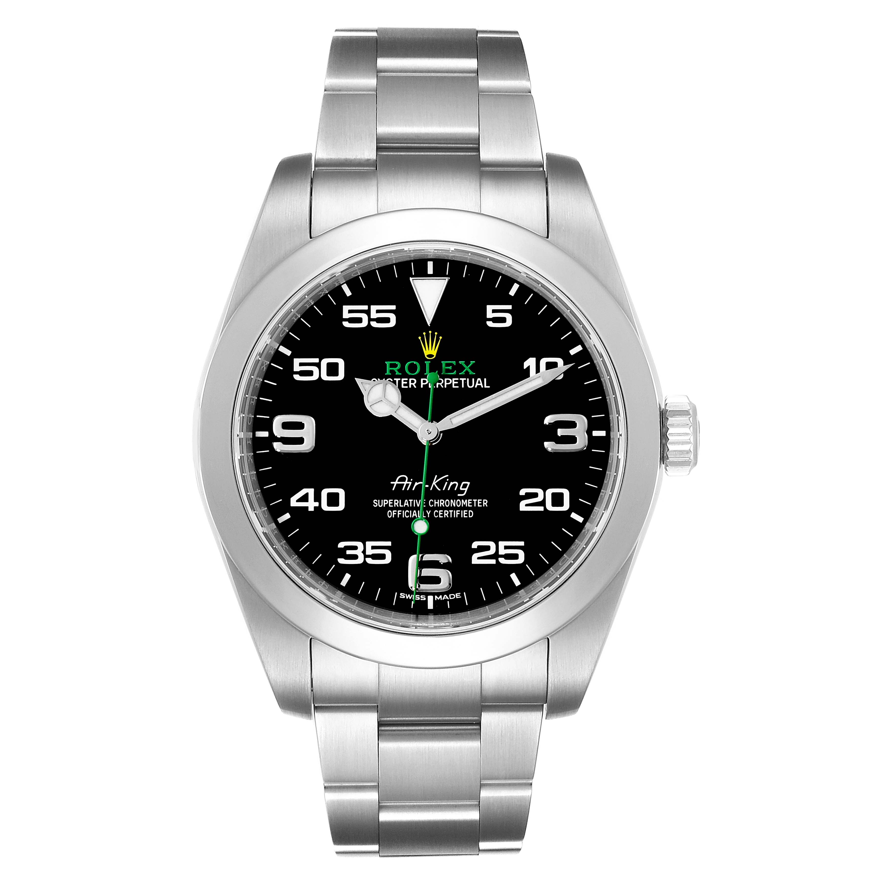 The image shows a front view of the Rolex Air-King 116900 Men's Stainless Steel Black Dial 116900 Men's Stainless Steel Black Dial model, displaying its dial, case, crown, and bracelet.