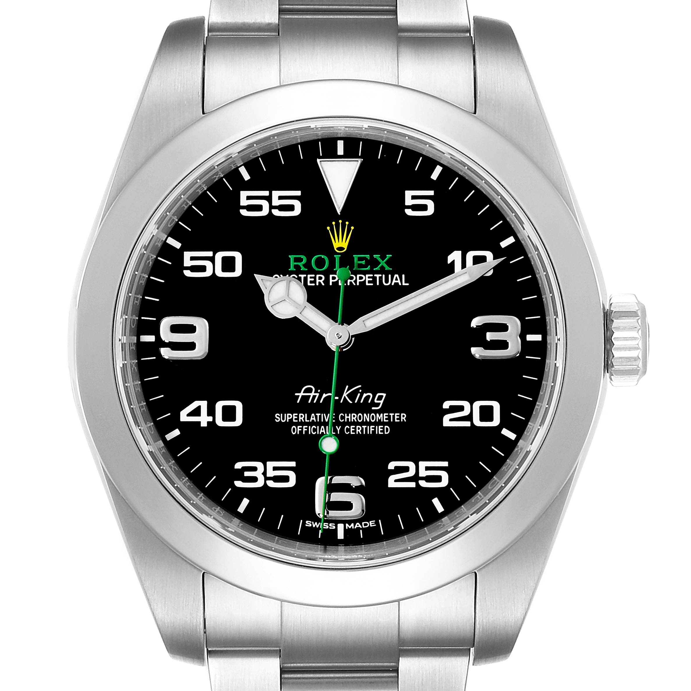 The image shows a front view of the Rolex Air-King 116900 Men's Stainless Steel Black Dial 116900 Men's Stainless Steel Black Dial watch, displaying its black dial, numerals, and stainless steel case.