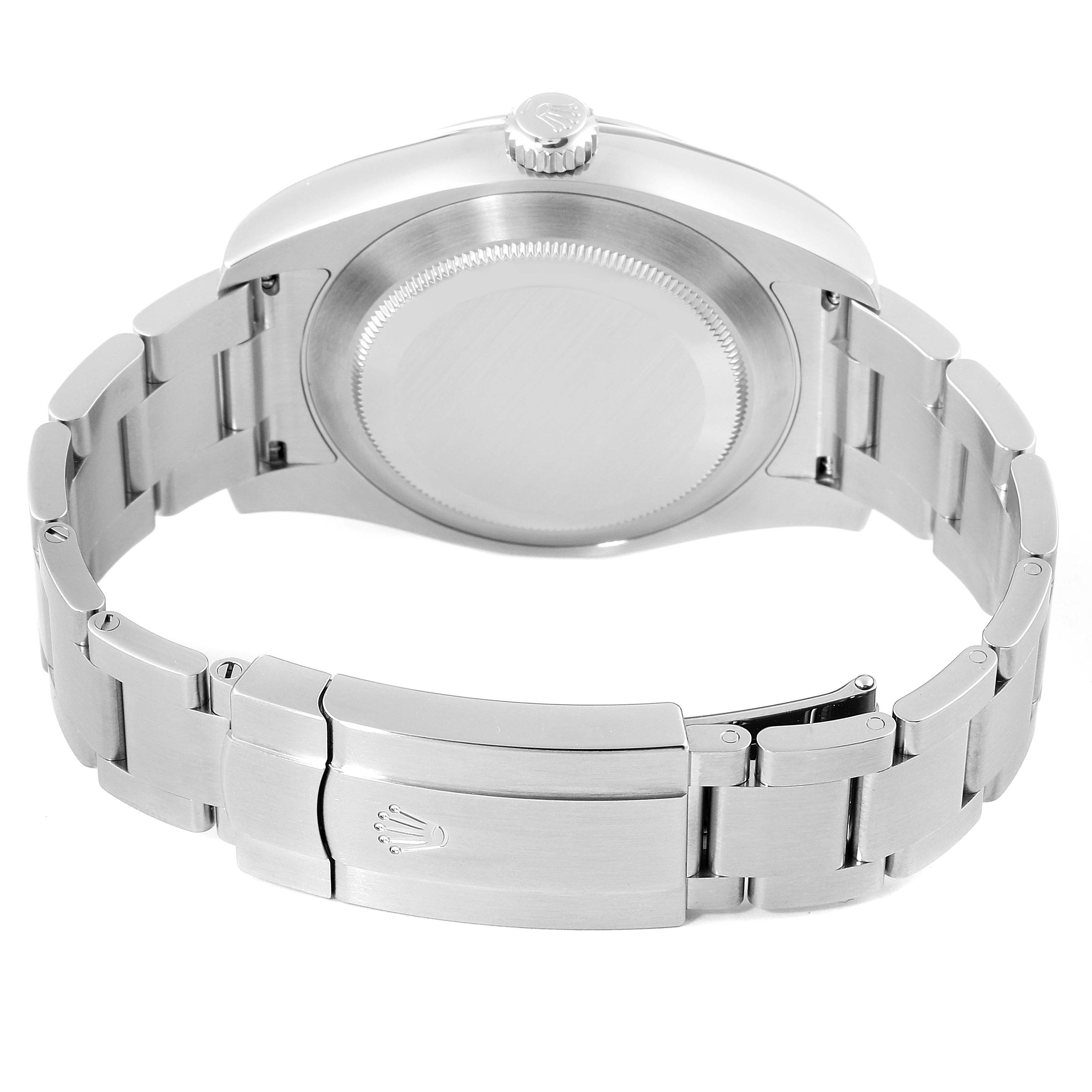 This image shows the back case, crown, and the clasp of the bracelet of a Rolex Air-King 116900 Men's Stainless Steel Black Dial 116900 Men's Stainless Steel Black Dial watch.