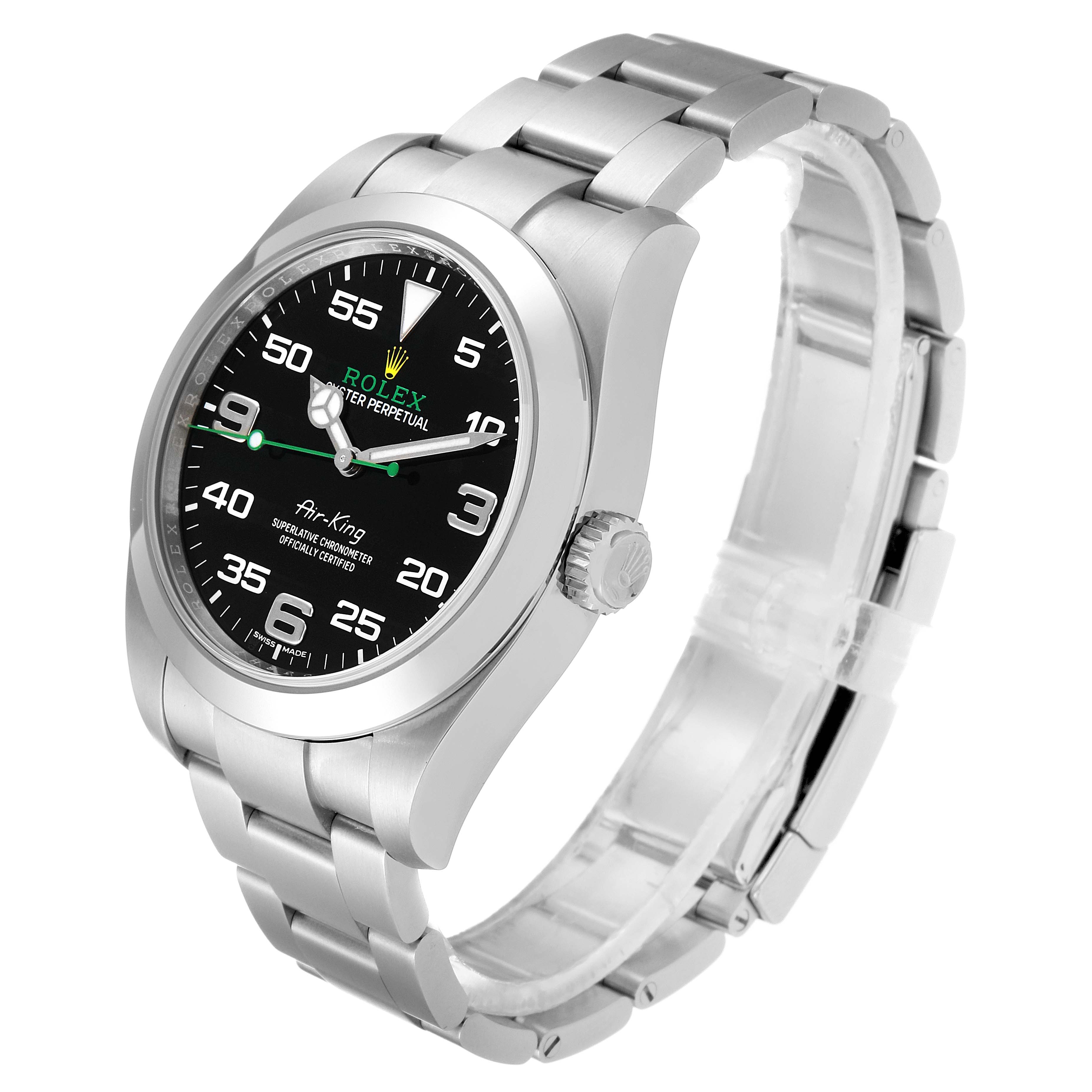 The image shows a Rolex Air-King 116900 Men's Stainless Steel Black Dial 116900 Men's Stainless Steel Black Dial model watch at a three-quarter angle, highlighting its face, crown, and bracelet.