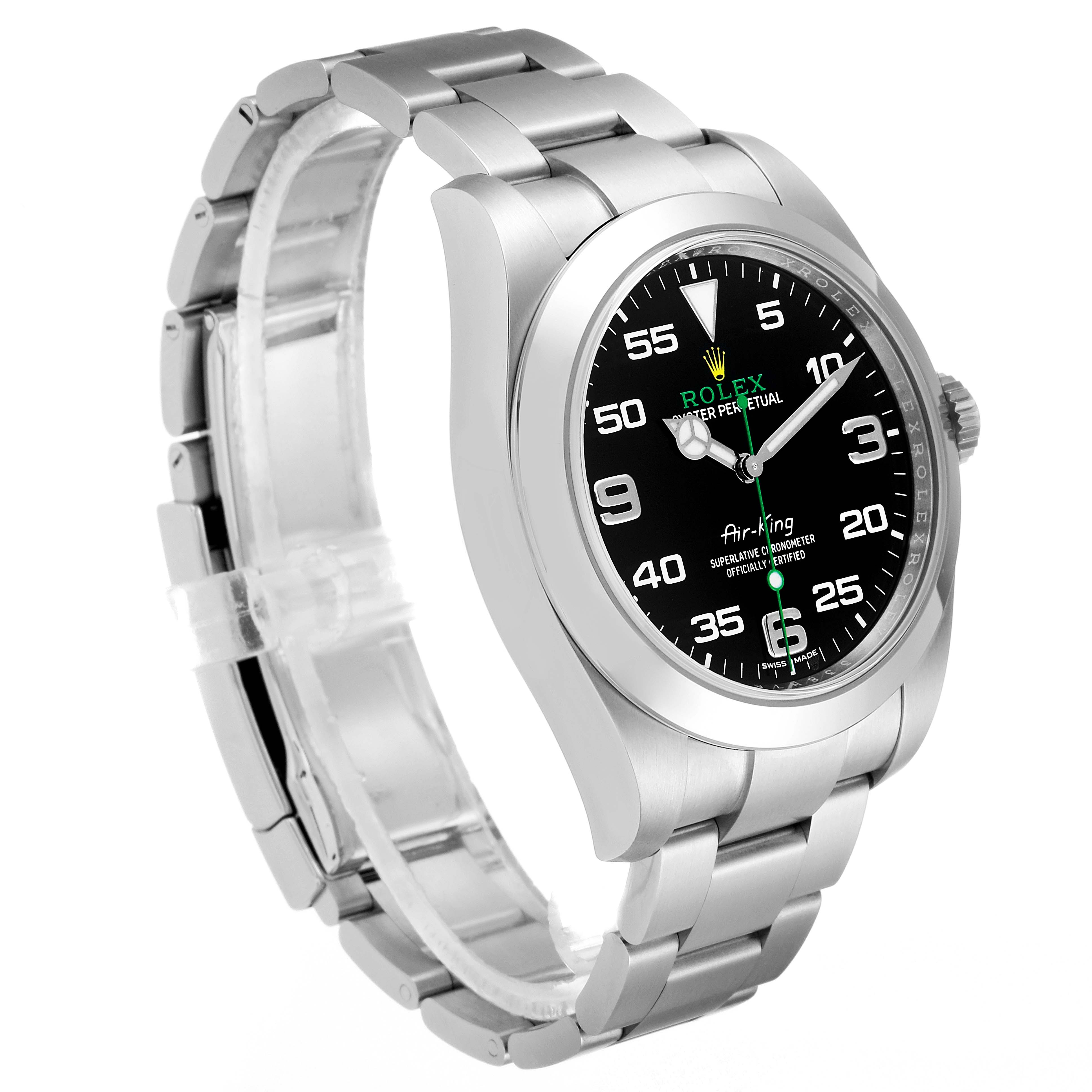 The image shows a side-angle view of the Rolex Air-King 116900 Men's Stainless Steel Black Dial 116900 Men's Stainless Steel Black Dial watch, displaying the face, bezel, and bracelet.