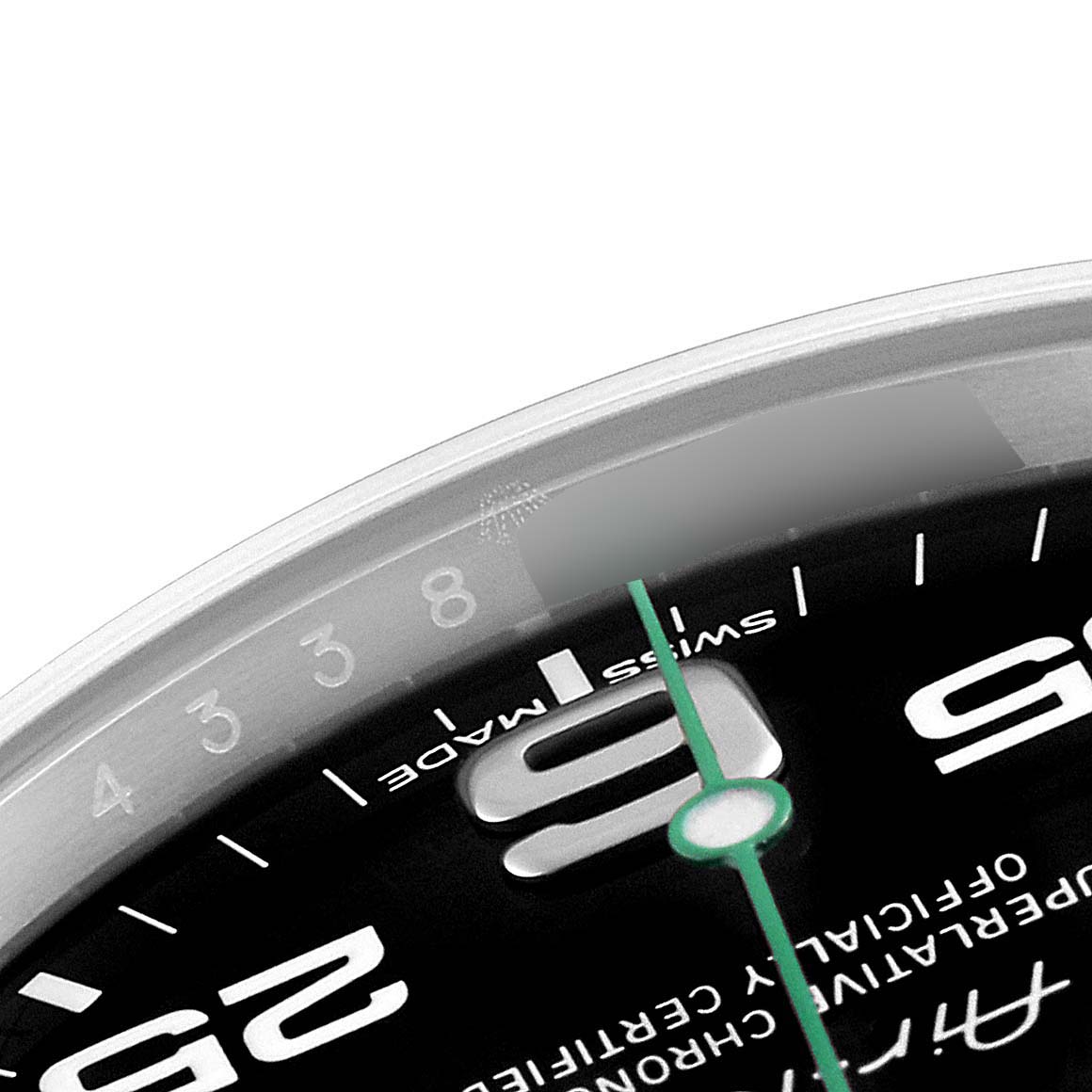 The image shows a close-up of the Rolex Air-King 116900 Men's Stainless Steel Black Dial 116900 Men's Stainless Steel Black Dial watch dial, highlighting the "9" hour marker and the "Swiss Made" text.