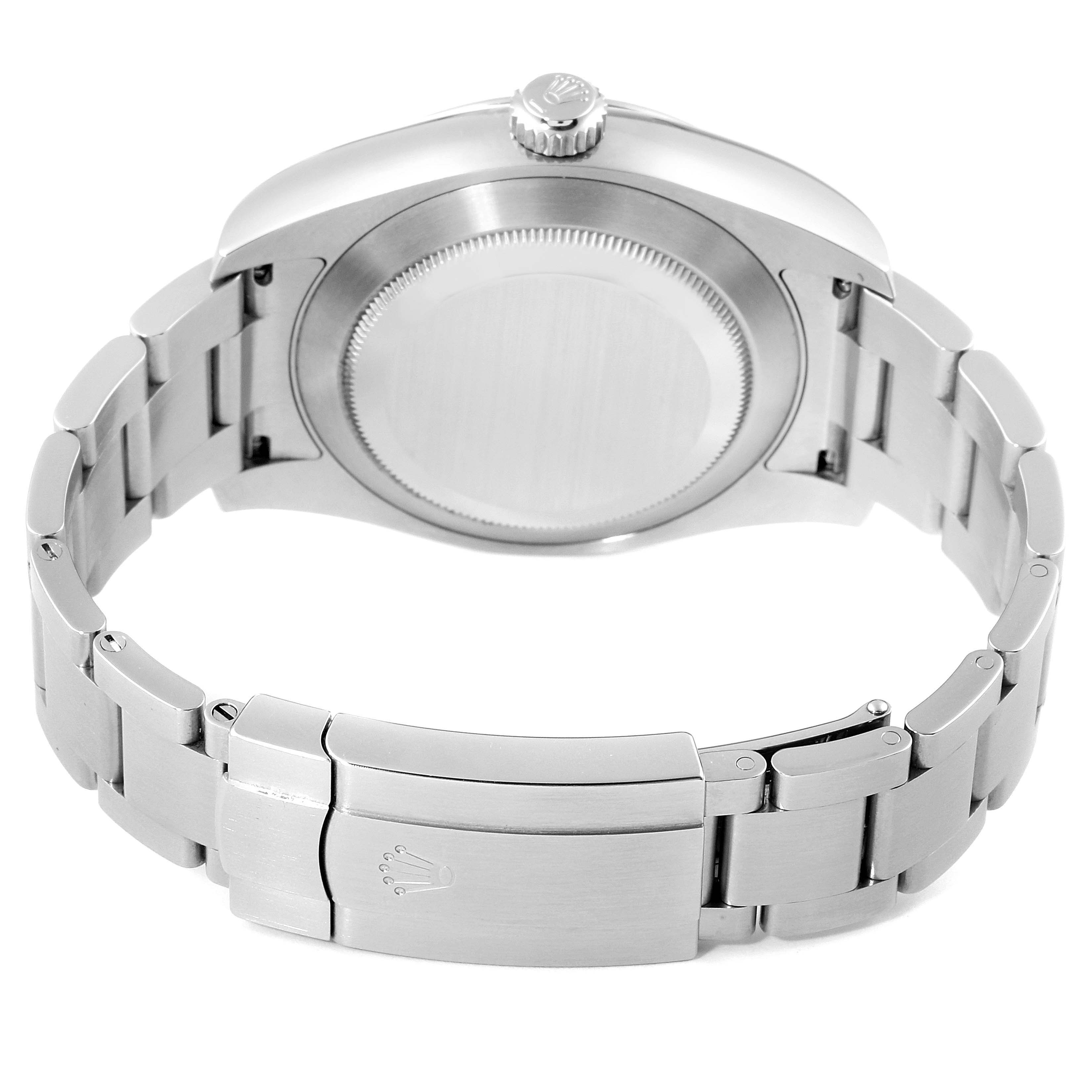 This image shows the back view of the Rolex Air-King 116900 Men's Stainless Steel Black Dial 116900 Men's Stainless Steel Black Dial watch, highlighting the case back and bracelet with the clasp.