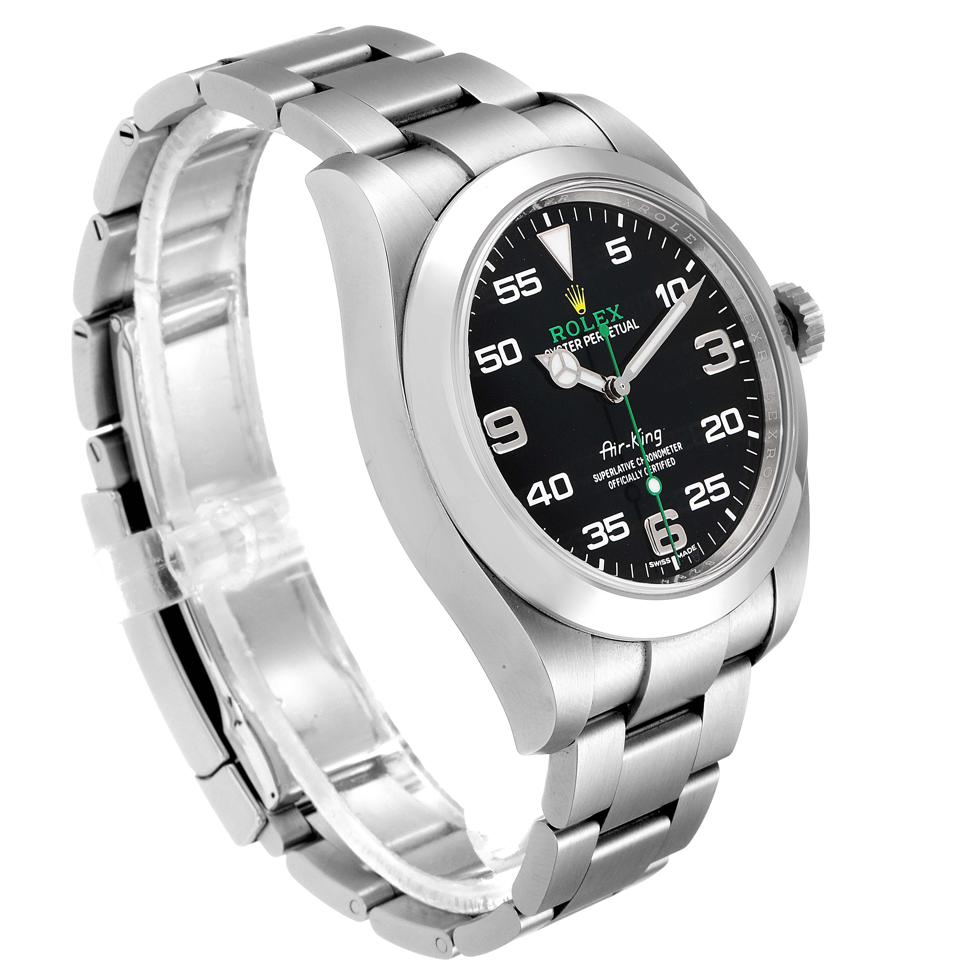 The Rolex Air-King 116900 Men's Stainless Steel Black Dial 116900 Men's Stainless Steel Black Dial watch is shown at a three-quarter angle, displaying the face, bezel, crown, and bracelet.