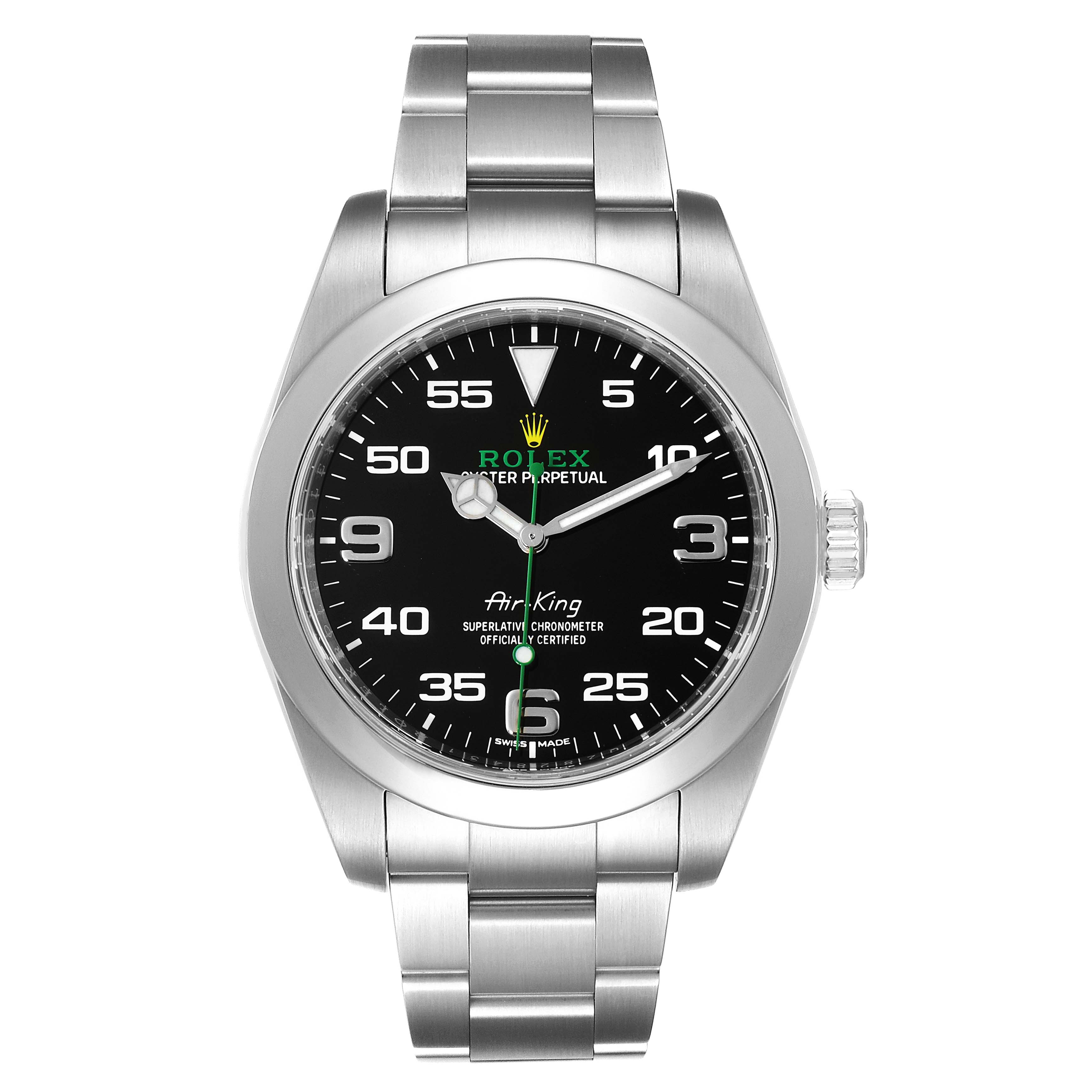 The Rolex Air-King 116900 Men's Stainless Steel Black Dial 116900 Men's Stainless Steel Black Dial watch is shown from a straight-on angle, featuring the black dial, silver case, and metal bracelet.