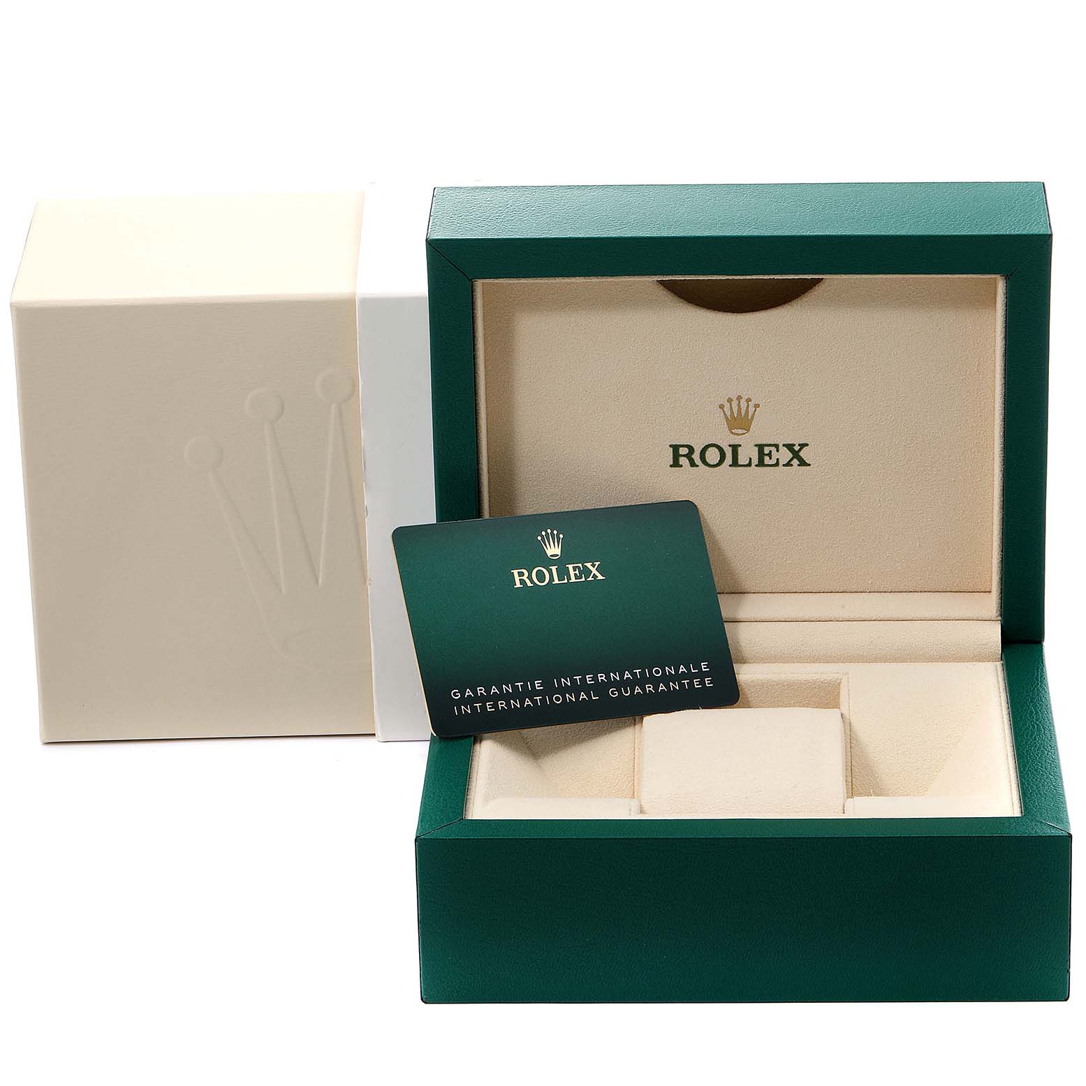 The image shows an open Rolex Air-King 116900 Men's Stainless Steel Black Dial 116900 Men's Stainless Steel Black Dial watch box with a warranty card displayed in front.
