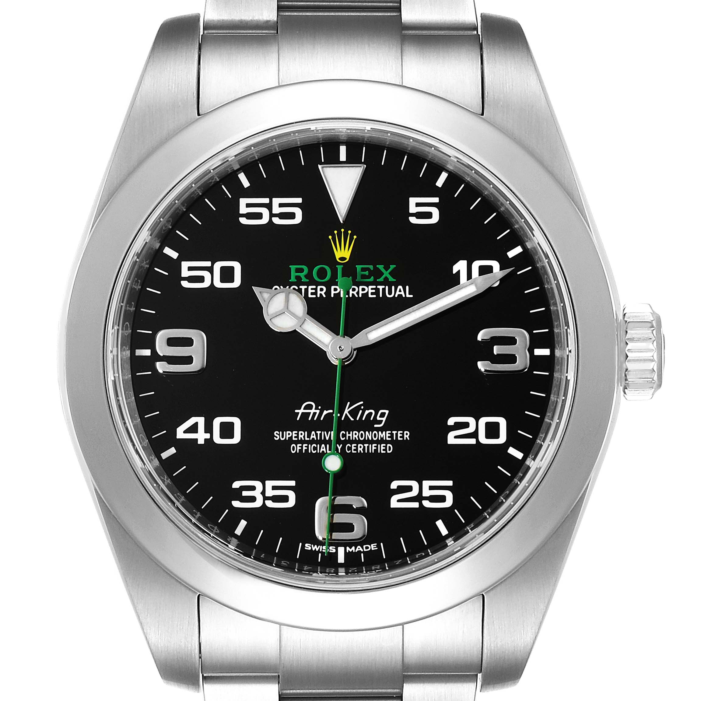 The image shows a frontal view of the Rolex Air-King 116900 Men's Stainless Steel Black Dial 116900 Men's Stainless Steel Black Dial, displaying the watch face, bezel, and part of the metal bracelet.