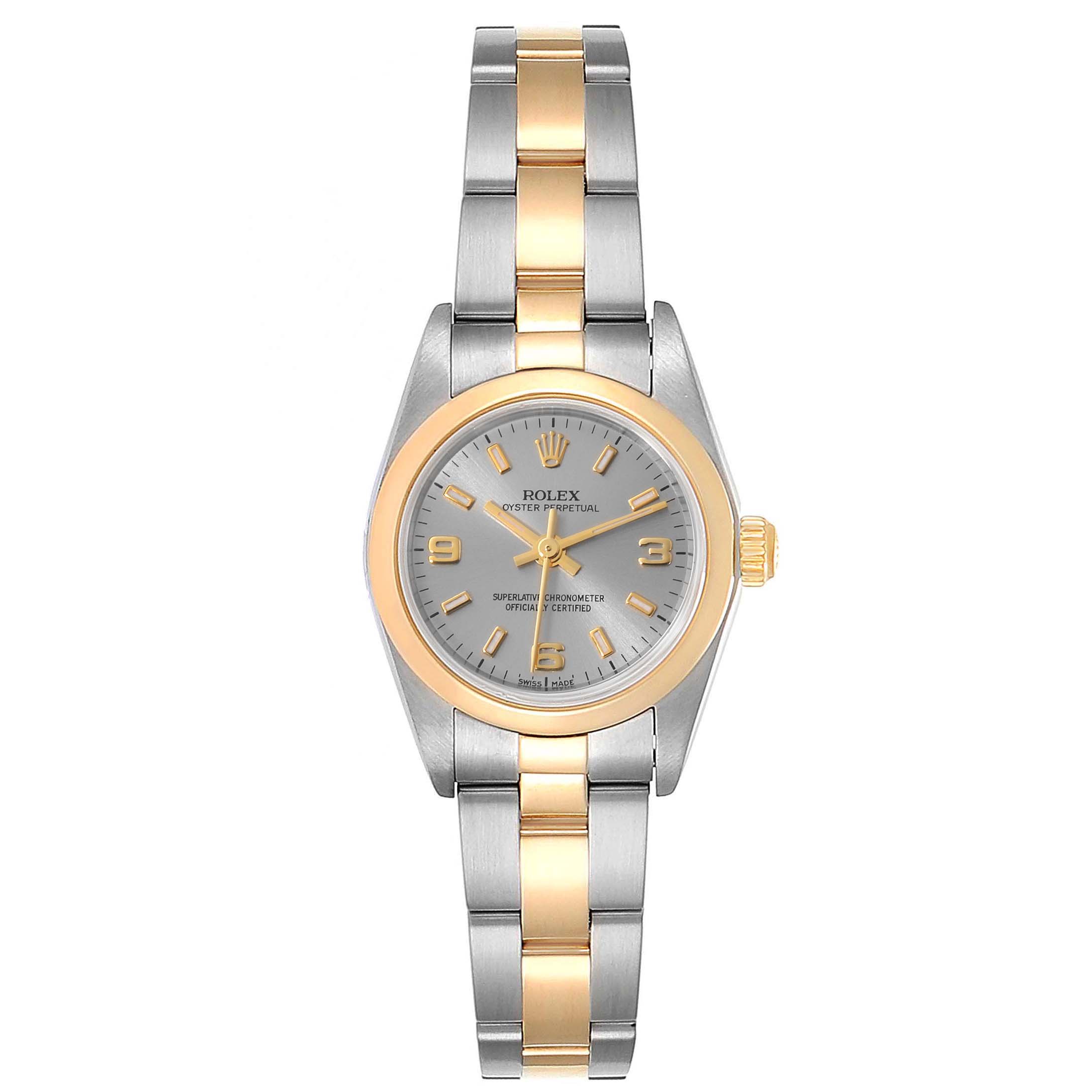 The image shows a front view of a Rolex Oyster Perpetual 76183 Women's Steel and Gold (two tone) Grey Dial 76183 Women's Steel and Gold (two tone) Grey Dial watch, displaying its two-tone bracelet and dial.