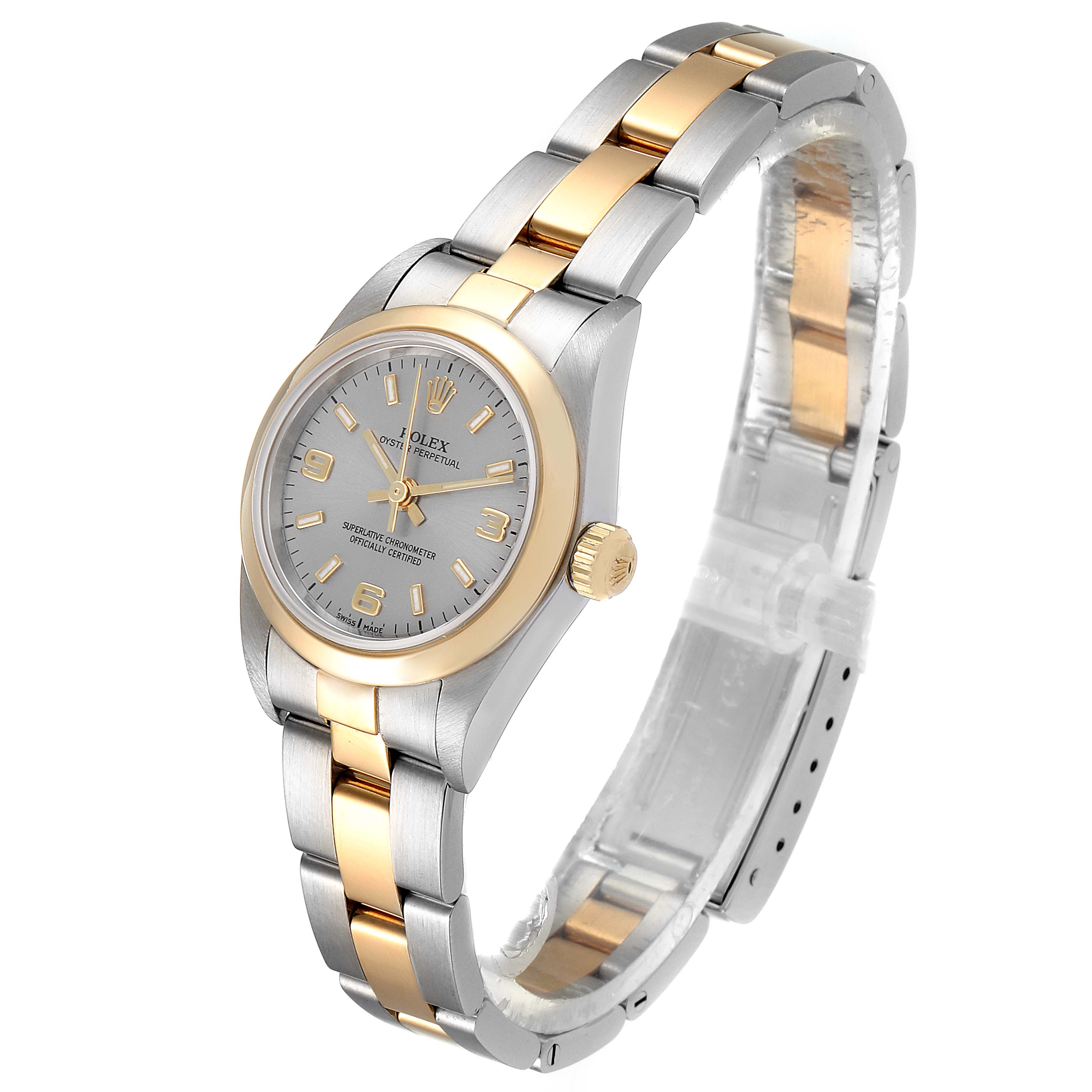 This image displays a side-front angle of a Rolex Oyster Perpetual 76183 Women's Steel and Gold (two tone) Grey Dial 76183 Women's Steel and Gold (two tone) Grey Dial watch, showing the face, crown, and bracelet.