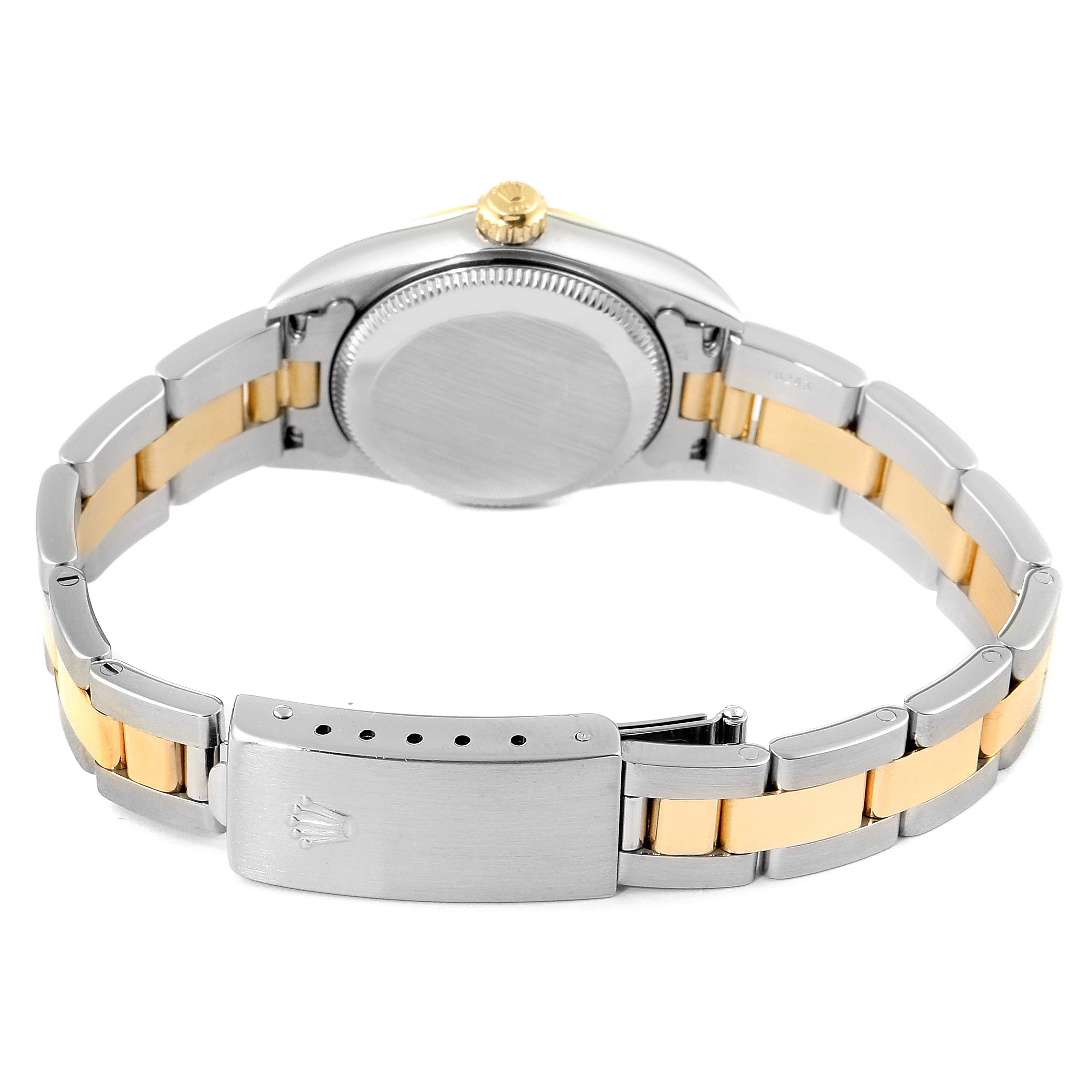 The image shows the back view of a Rolex Oyster Perpetual 76183 Women's Steel and Gold (two tone) Grey Dial 76183 Women's Steel and Gold (two tone) Grey Dial watch, focusing on the clasp and bracelet.