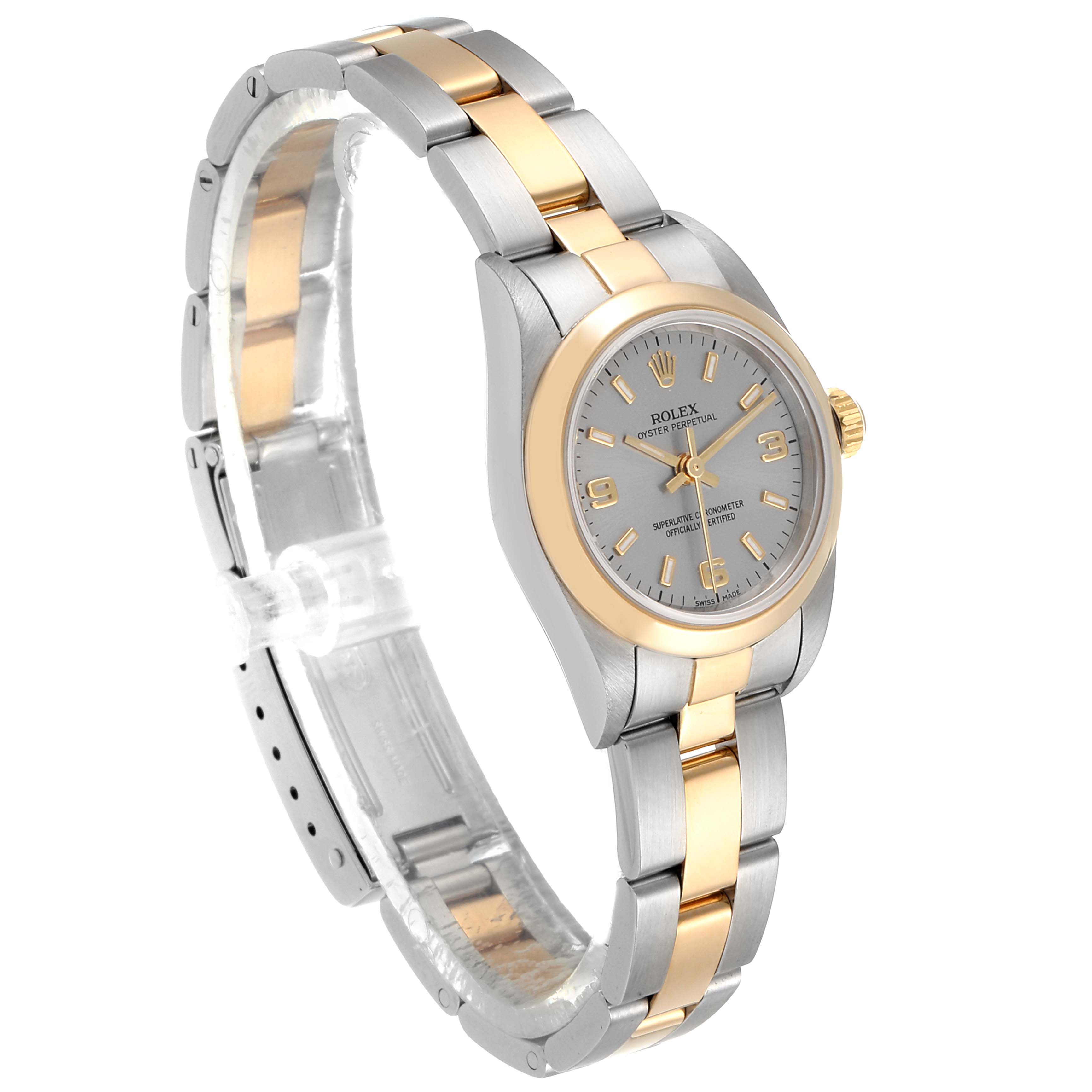The image shows a Rolex Oyster Perpetual 76183 Women's Steel and Gold (two tone) Grey Dial 76183 Women's Steel and Gold (two tone) Grey Dial watch at a slightly angled side view, featuring a two-tone bracelet and gold bezel.